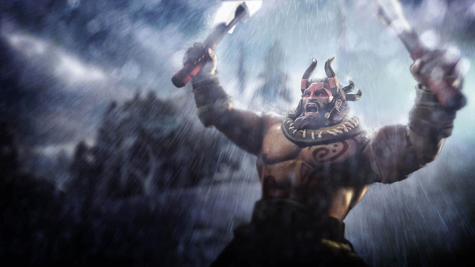Dota 桌布 壁紙 — 一個有角的戰士咆哮著，雙斧高舉對抗暴風雨的天空，雨水劃破烏雲。