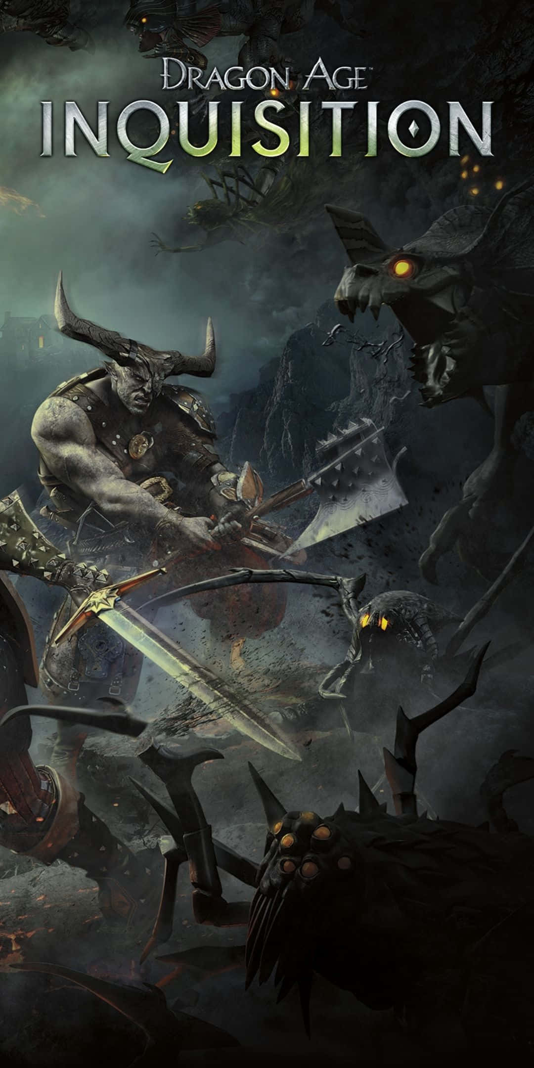Pixel 3 Dragon Age Inquisition 桌布 壁紙 — 一個有角的戰士在黑暗風暴的奇幻景觀中與怪物戰鬥。
