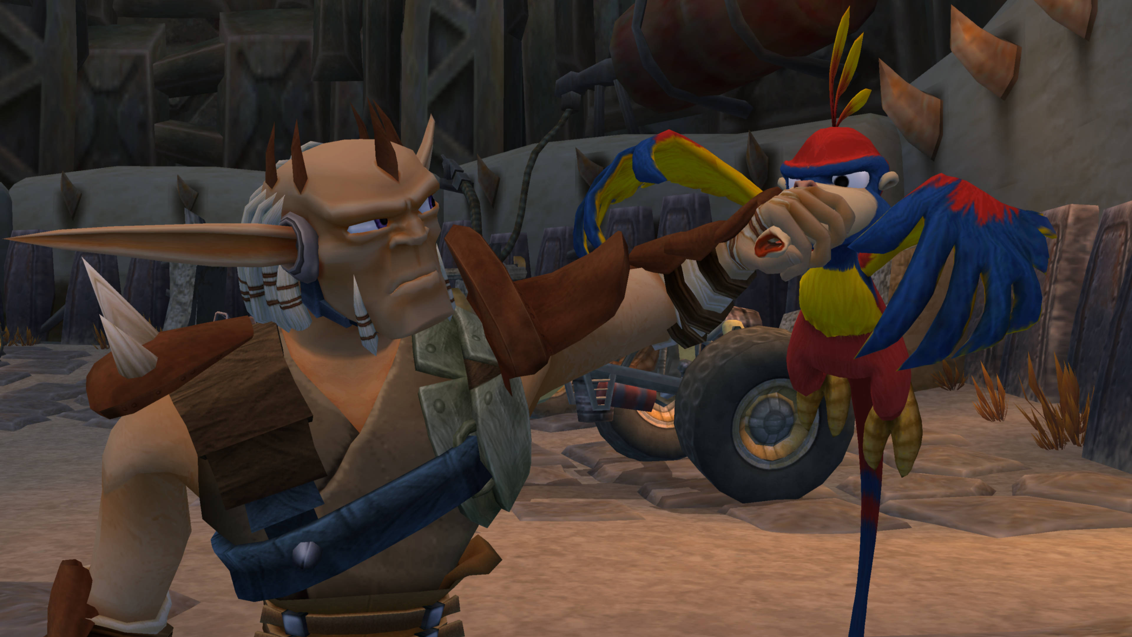 Jak 3 桌布 壁紙 — 一個有角的戰士穿著盔甲，在粗糙的工業環境中與一隻色彩繽紛的鸚鵡狀生物搏鬥。
