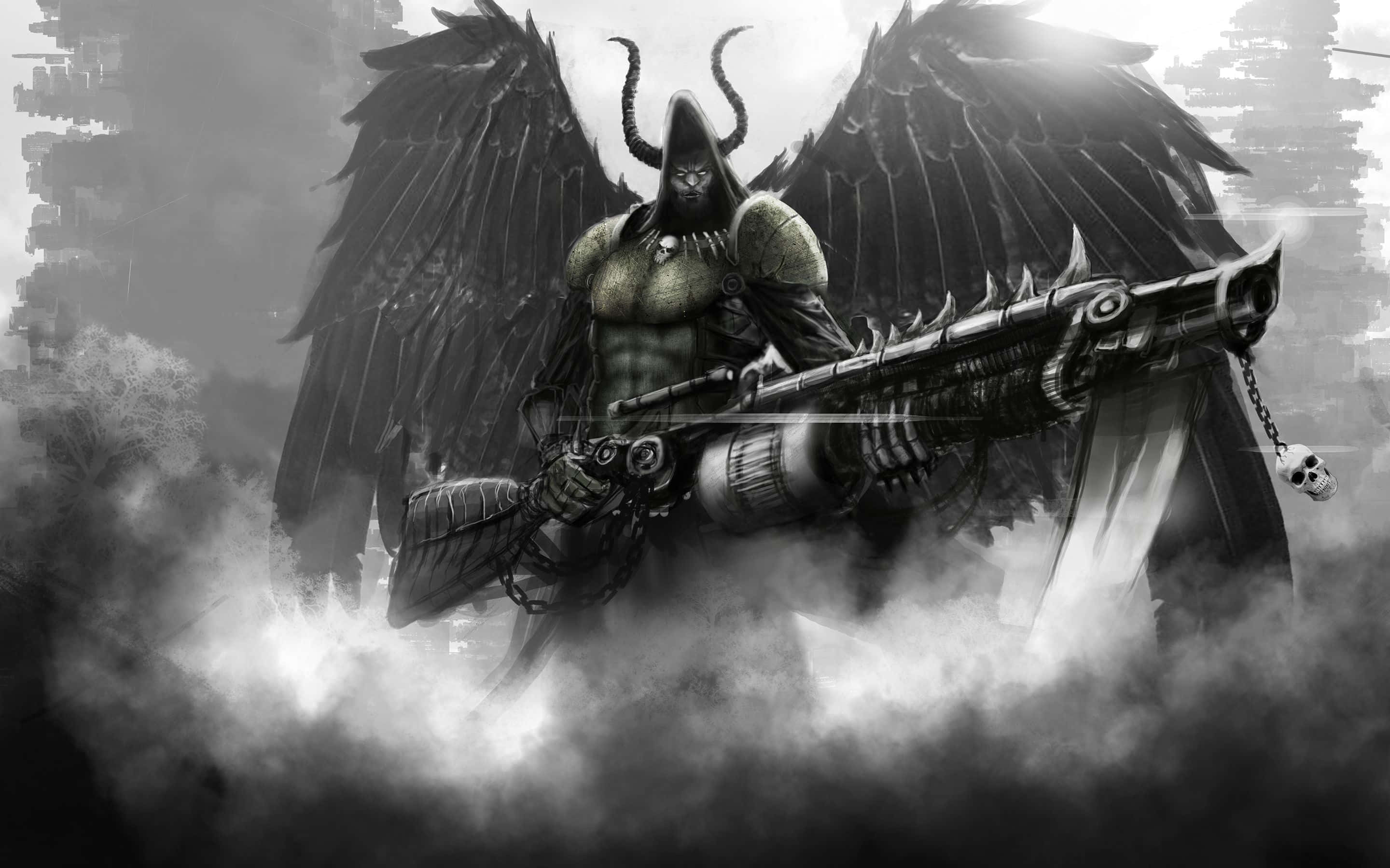 死亡 桌布 壁紙 — 一個有角的暗翼惡魔戰士在風暴雲中揮舞著帶刺的槍，處於粗糙的黑白場景中。