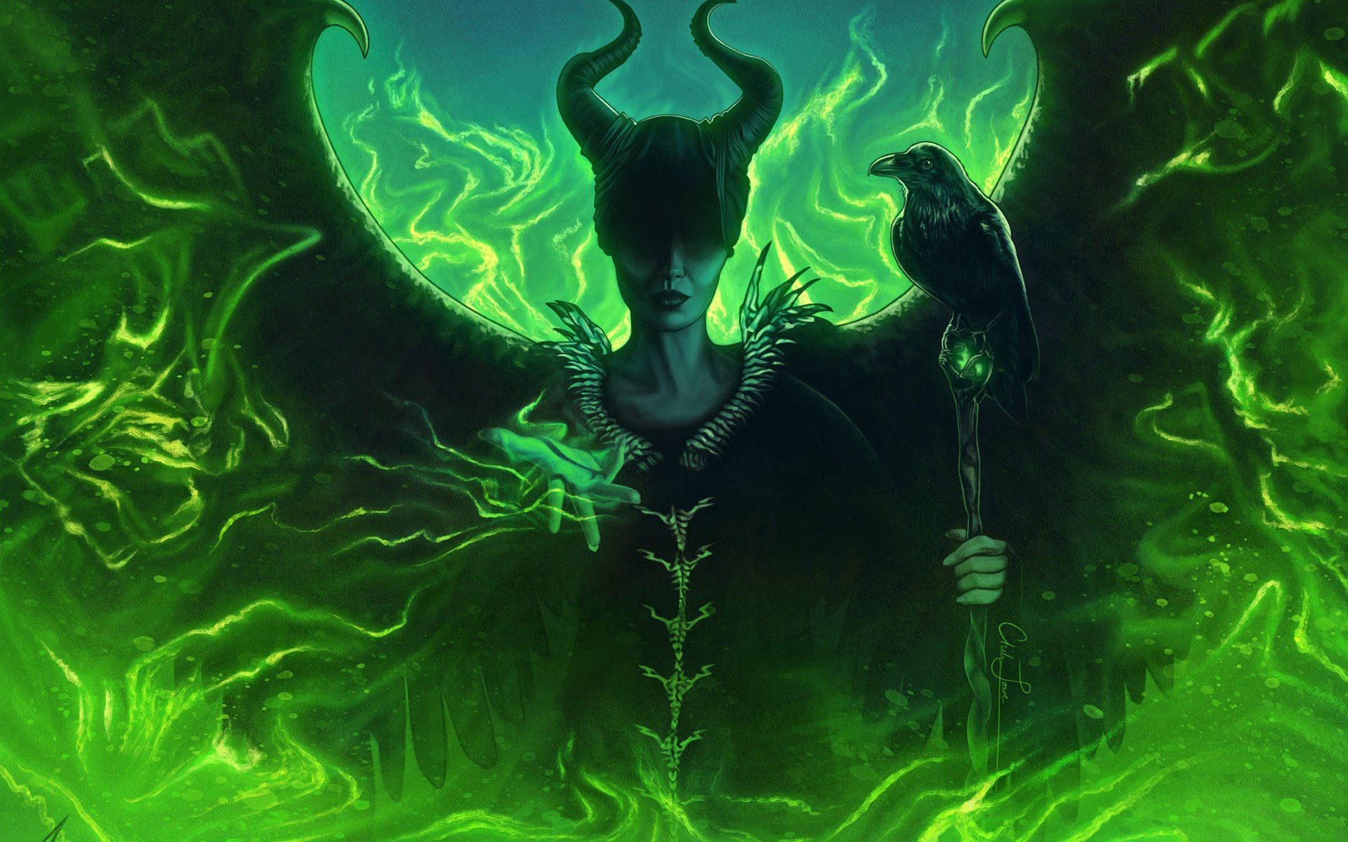 超殺 桌布 壁紙 — 一個有角的黑暗女巫，她的杖上棲息著一隻烏鴉，站在旋轉的綠色魔法能量中。