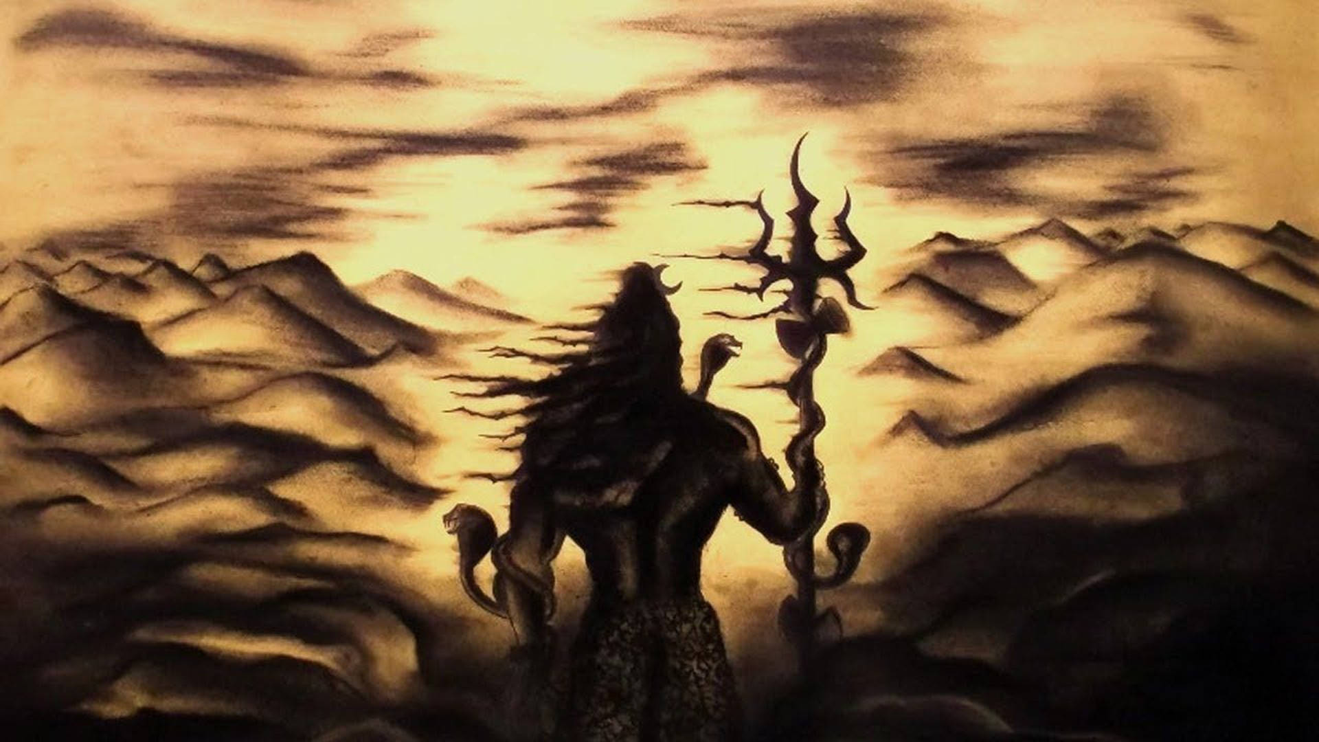 shiva dark 桌布 壁紙 — 一個有角的黑暗神靈剪影手持三叉戟，站在山脈頂端，天空閃耀光芒。