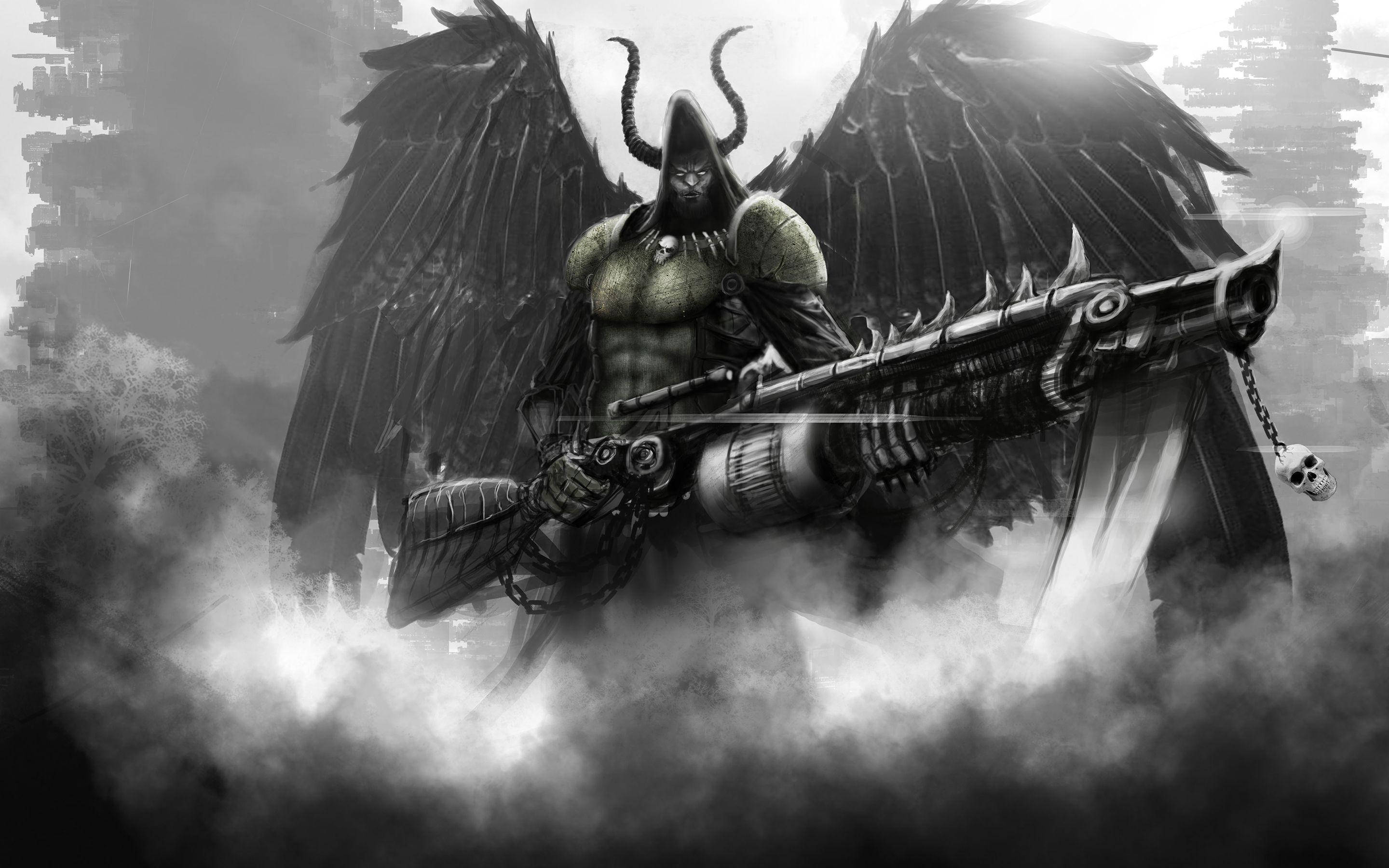 死亡 桌布 壁紙 — 一個有角的黑暗翅膀惡魔戰士在暴風雲中揮舞著帶刺的槍，處於陰暗的黑白場景中。