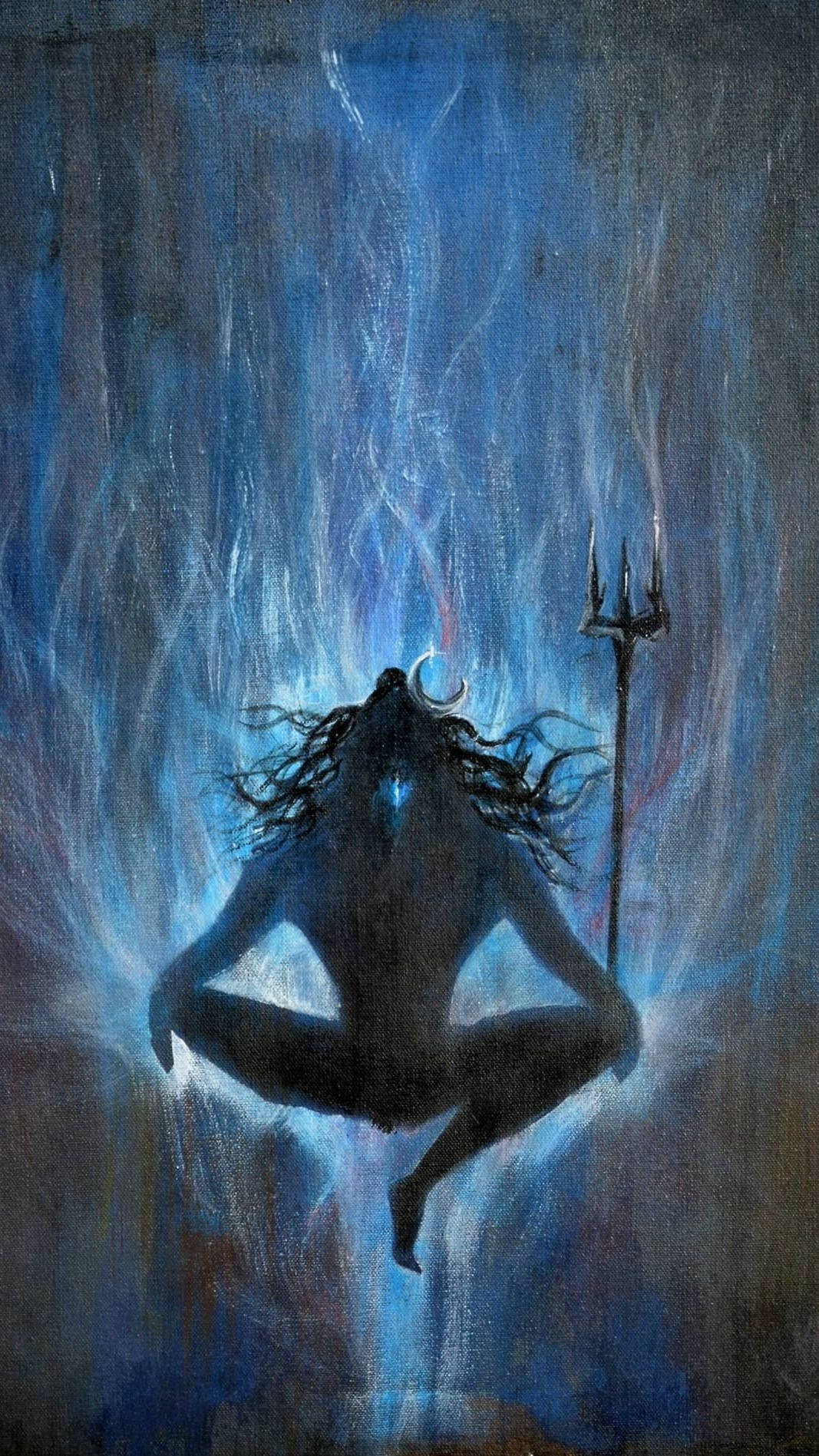 Painting 桌布 壁紙 — 一個有角神祇的黑色剪影，在旋轉的藍色能量中以蓮花姿勢冥想，旁邊放著三叉戟。