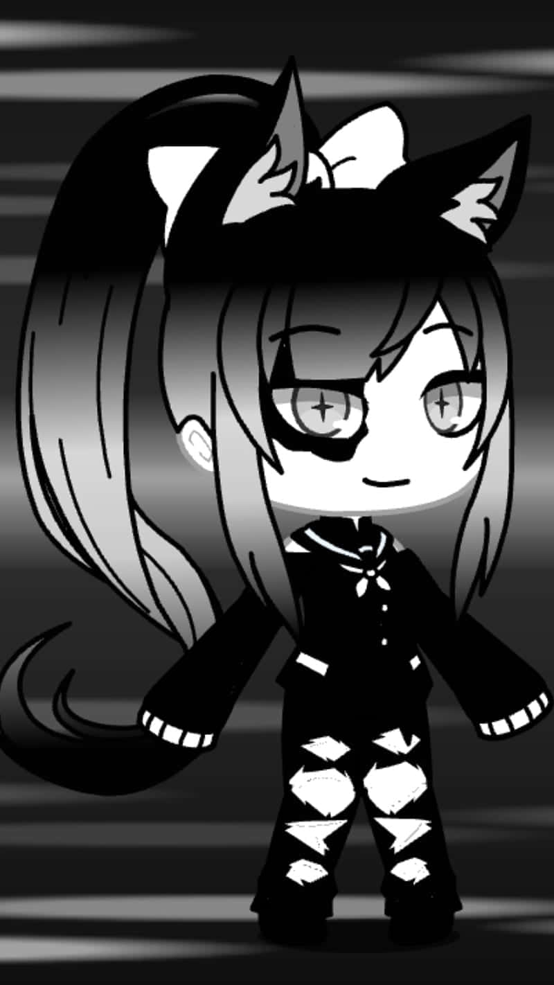 Gacha 桌布 壁紙 — 一個有貓耳和尾巴的Q版動漫女孩以灰階呈現，穿著破爛的衣服和帶有十字標記的眼鏡。