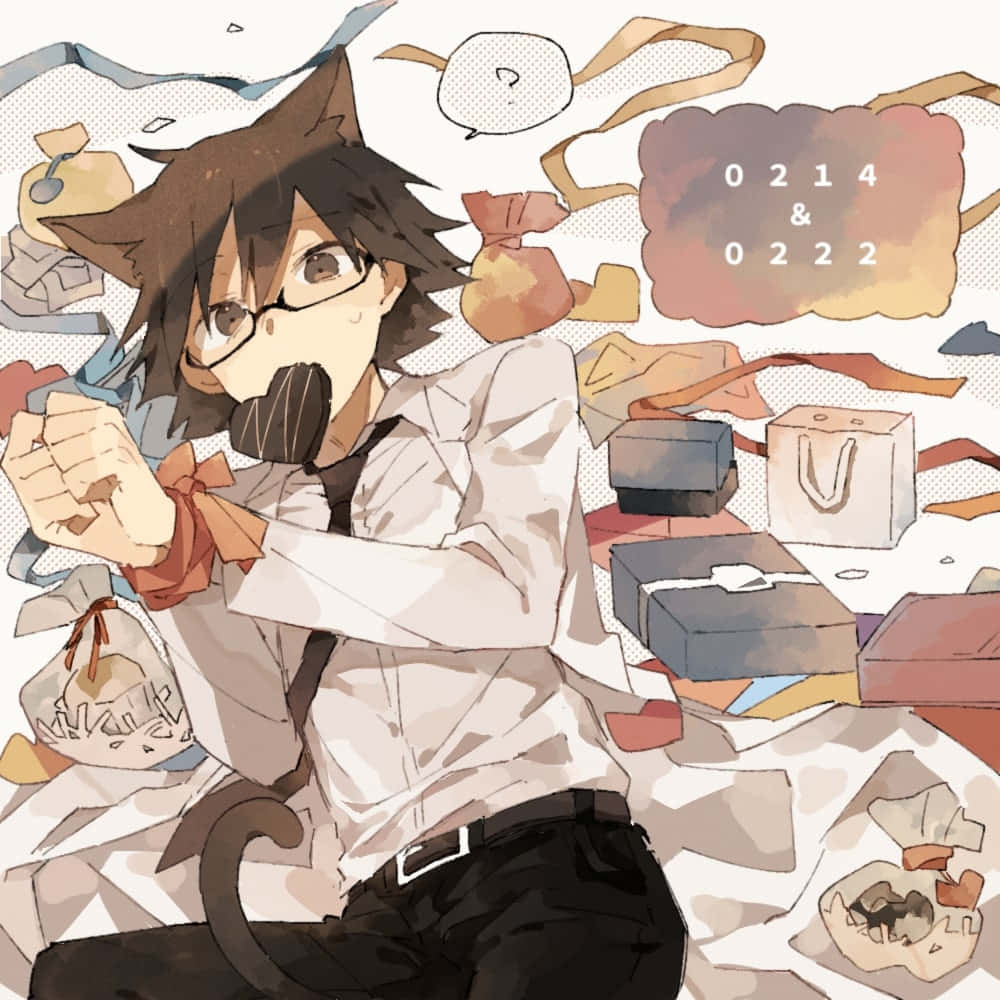 Shinra Kishitani 桌布 壁紙 — 一個有貓耳和尾巴的動漫男孩坐在散落著禮物袋和盒子的雜亂場景中。