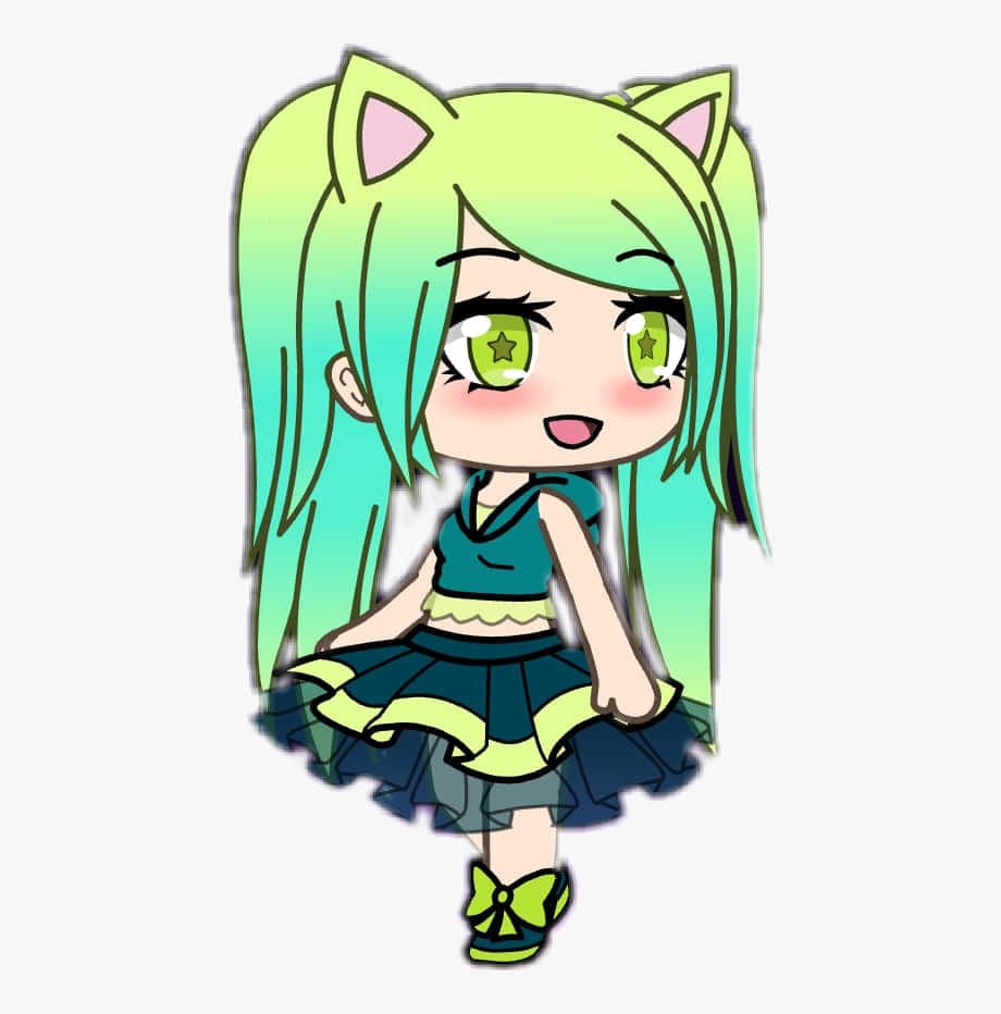 Gacha Life 桌布 壁紙 — 一個有貓耳和漸變綠色頭髮的Q版動漫女孩，在純色背景前穿著青綠色服裝微笑。