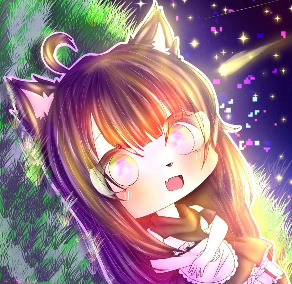 Gacha 桌布 壁紙 — 一個有貓耳和發光眼睛的Q版動漫女孩，在流星劃過的星空下的草地上開心地微笑。