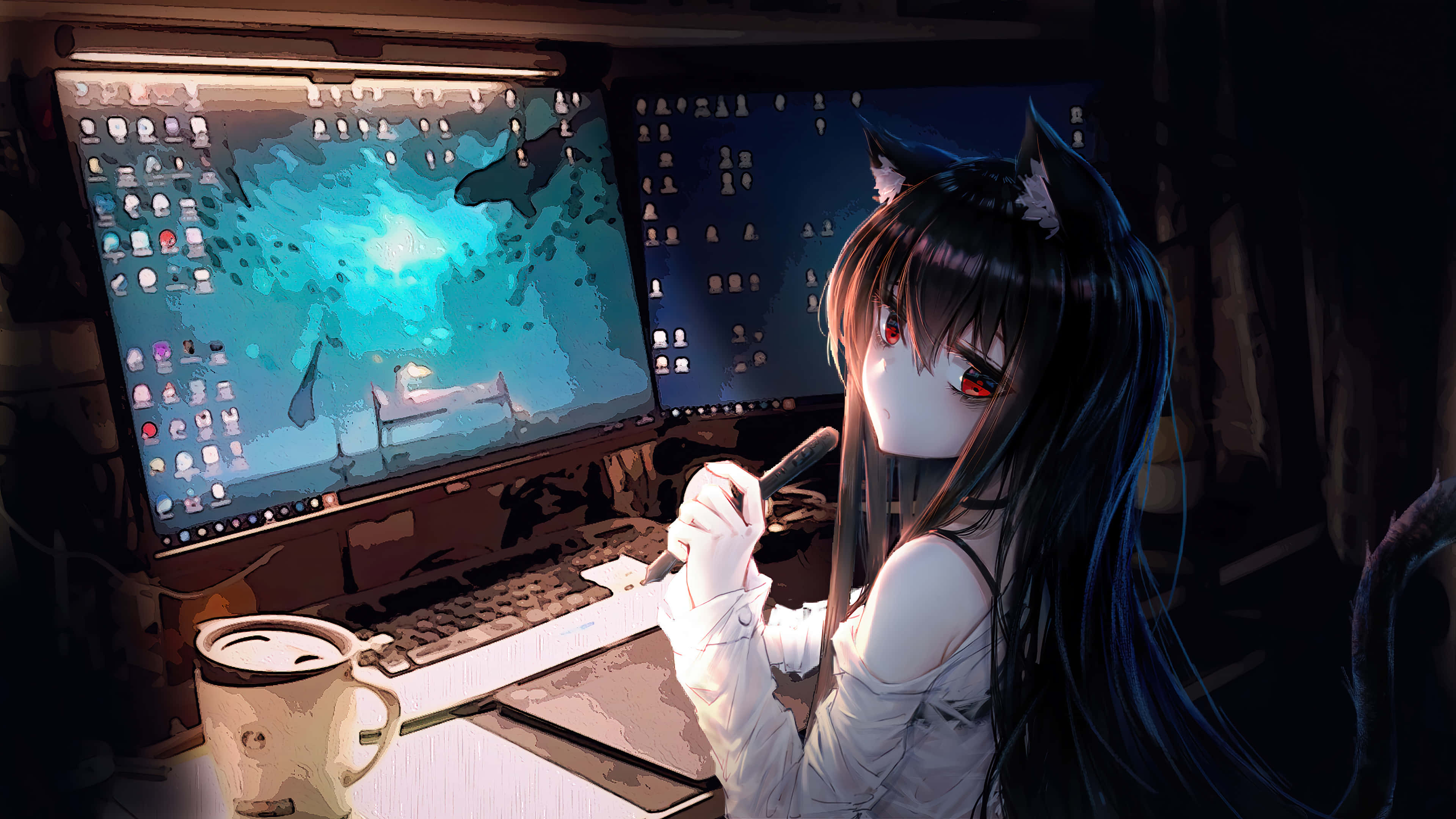 動漫女孩 桌布 壁紙 — 一個有貓耳和紅眼睛的動漫女孩在昏暗的桌子上工作，桌子上有兩個顯示數位藝術的顯示器。