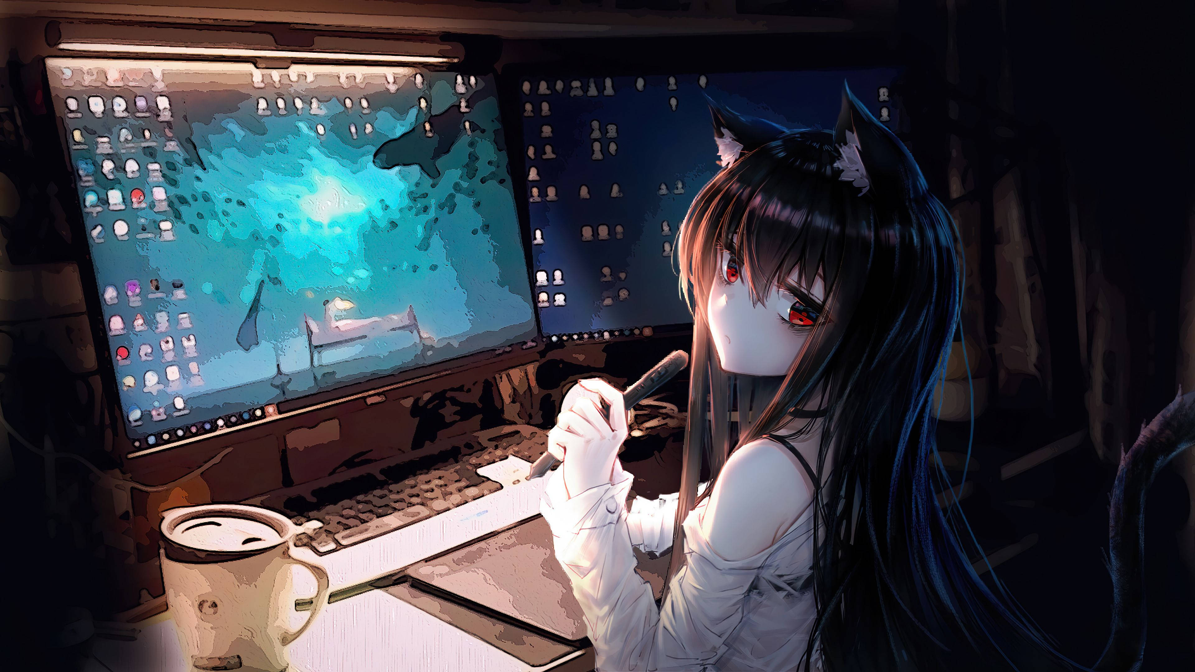 Streaming 桌布 壁紙 — 一個有貓耳和紅眼睛的動漫女孩在燈光昏暗的桌子上工作，桌上放著雙顯示器顯示數位藝術，旁邊還有一個咖啡杯。