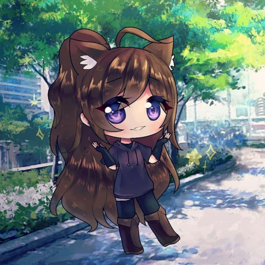 Gacha 桌布 壁紙 — 一個有貓耳和紫色眼睛的Q版動漫女孩，在陽光明媚的城市人行道上，被綠樹環繞，開心地站著。