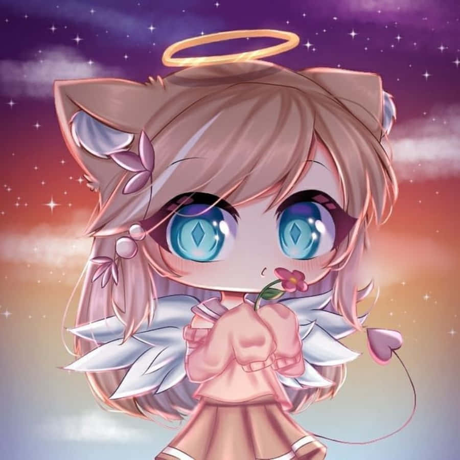 Gacha 桌布 壁紙 — 一個有貓耳和藍眼睛的Q版動漫天使女孩，在星光璀璨的暮色天空中拿著一朵粉紅色的花。