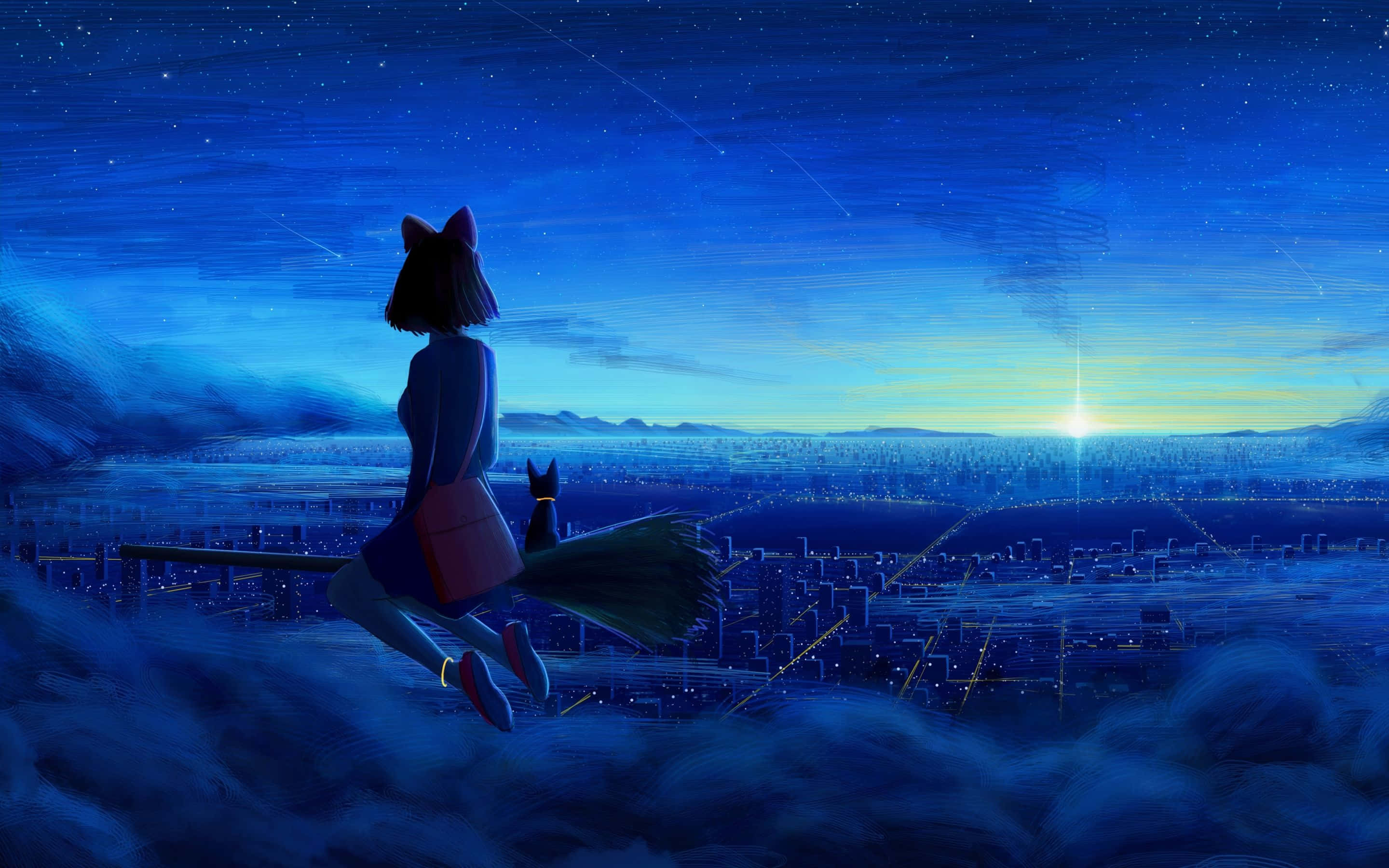 Jiji Cat 桌布 壁紙 — 一個有貓耳朵的女巫在星空下騎著掃帚飛過暮色中發光的城市。