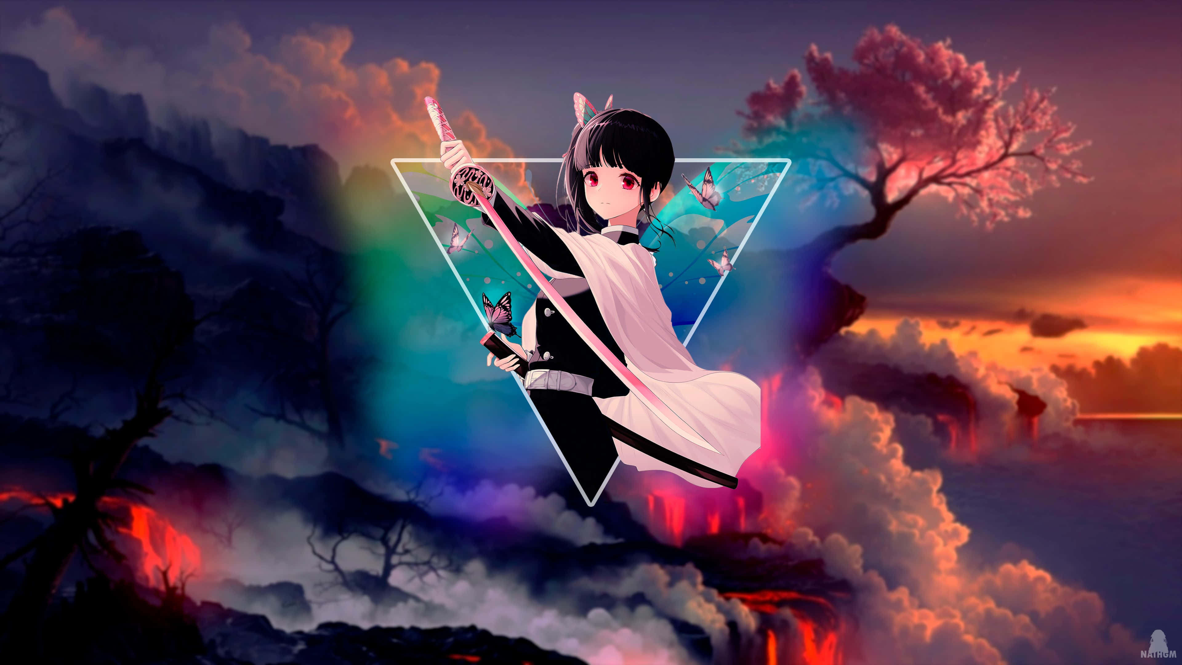 Demon Slayer Kanao 桌布 壁紙 — 一個有貓耳的動漫女孩在霓虹三角形中揮舞著一把發光的劍，背景是帶有櫻花的火熱日落天空。