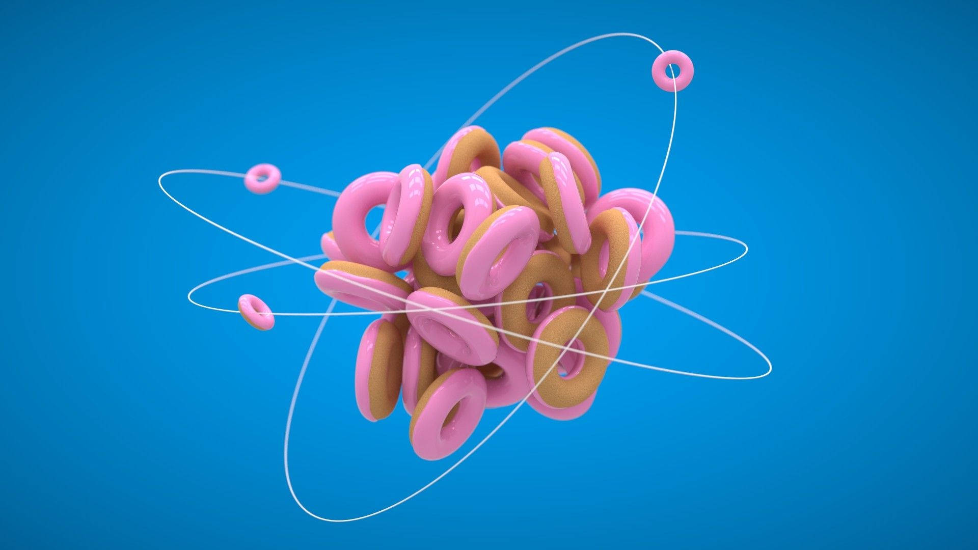 科學 桌布 壁紙 — 一個有趣的3D渲染原子，以粉紅色和棕褐色釉面甜甜圈作為質子和中子，在白色路徑上繞著純藍色背景運行。