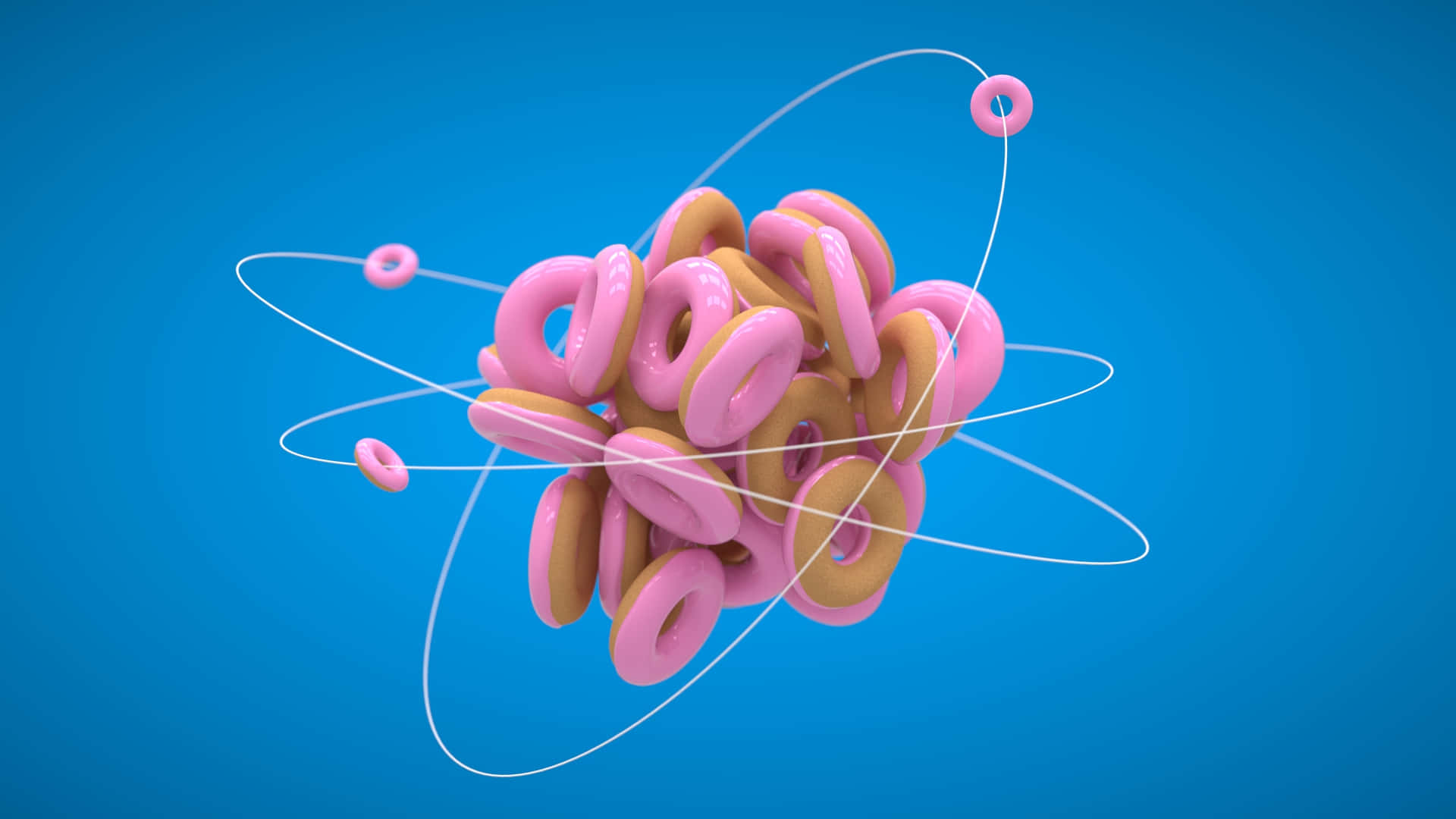 科學 桌布 壁紙 — 一個有趣的3D渲染原子，以粉紅色釉面甜甜圈作為電子，繞著釉面甜甜圈的原子核運行，背景為純藍色。