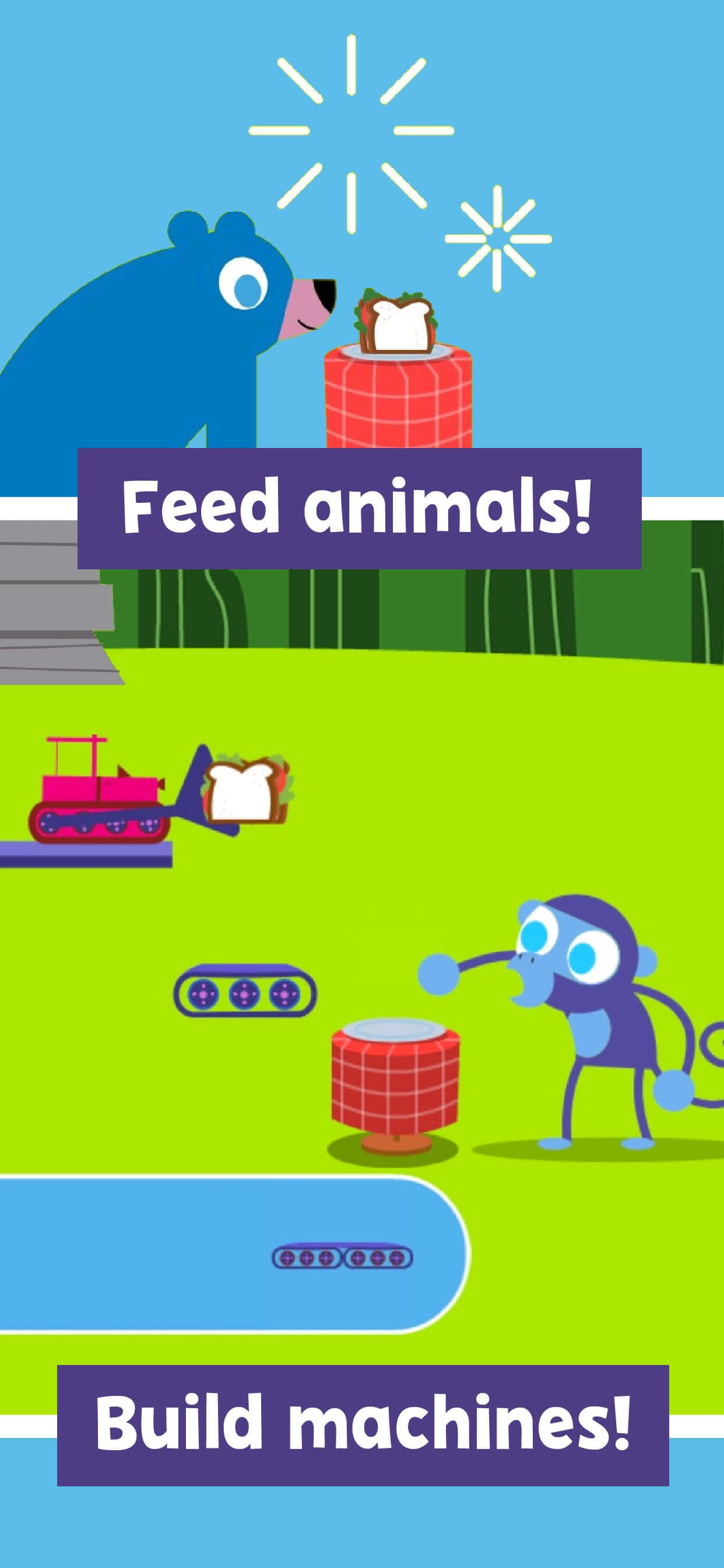 Pbs Kids 桌布 壁紙 — 一個有趣的卡通場景，藍色熊和猴子在藍天下明亮的綠色田野上與色彩繽紛的機器和吐司互動。