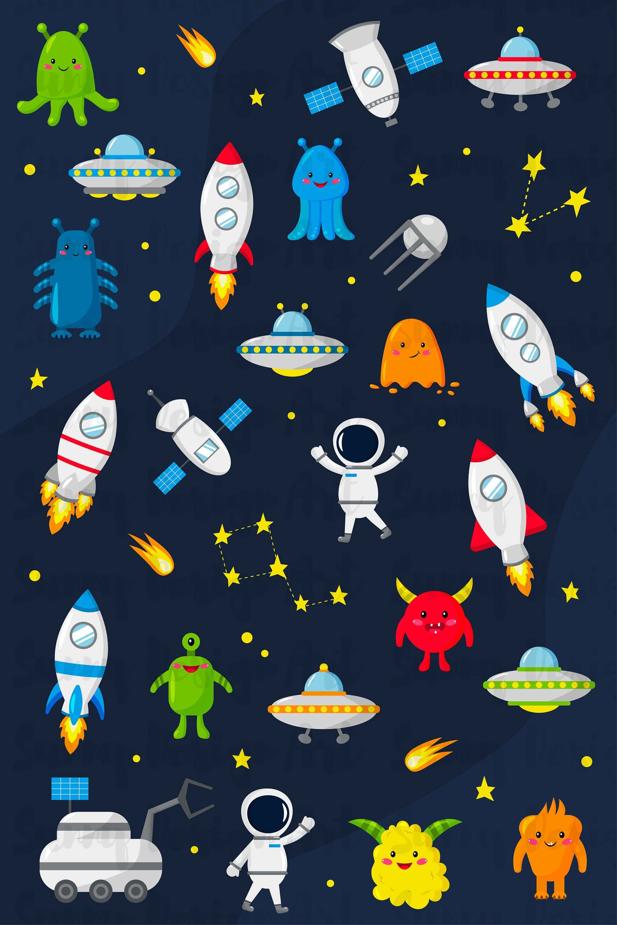 Kawaii Space 桌布 壁紙 — 一個有趣的卡通太空場景，有微笑的外星人、火箭、UFO和太空人在深藍色背景的星星之間漂浮。
