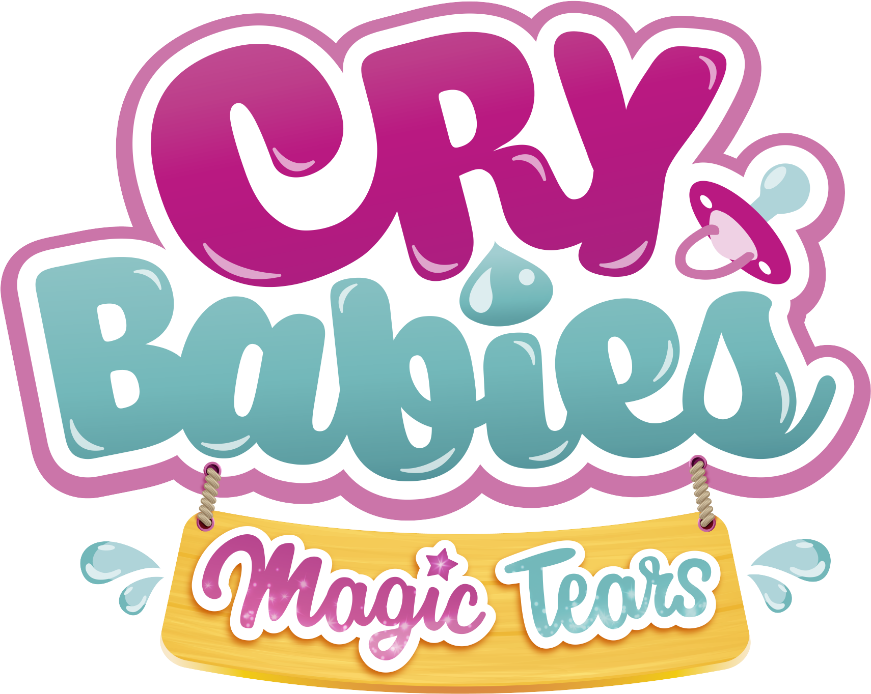 babies 桌布 壁紙 — 一個有趣的卡通標誌，以粗體粉紅色和青綠色字母寫著「Cry Babies」，配有奶嘴和淚滴，下方木牌上寫著「Magic Tears」。
