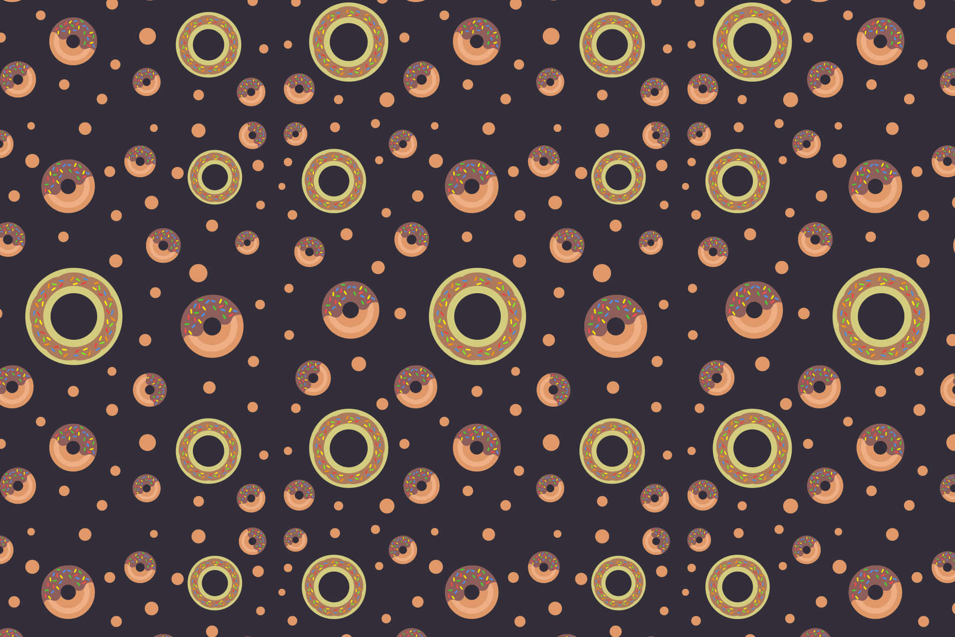Donut Pattern 壁紙 — 一個有趣的卡通甜甜圈圖案，帶有彩色糖粒和圓點，背景為深色。