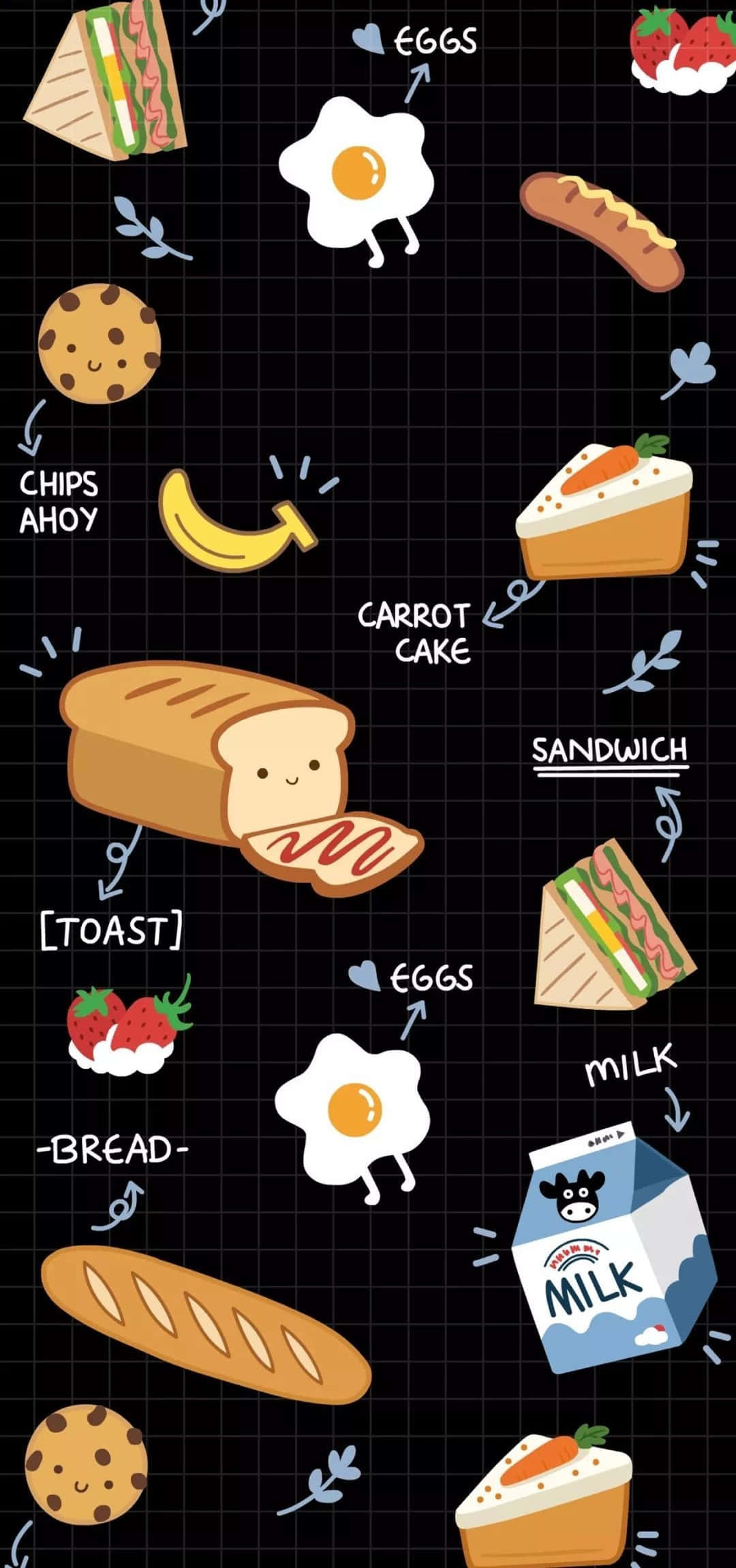 Cute Food iPhone 桌布 壁紙 — 一個有趣的卡通食物圖案，在深色網格背景上有微笑的吐司蛋和蛋糕。