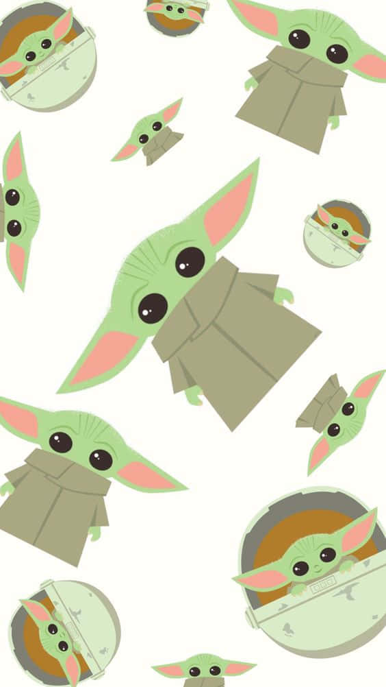 Baby Yoda Cartoon 桌布 壁紙 — 一個有趣的圖案，包含不同姿勢和大小的 Baby Yoda，背景為潔淨的白色。