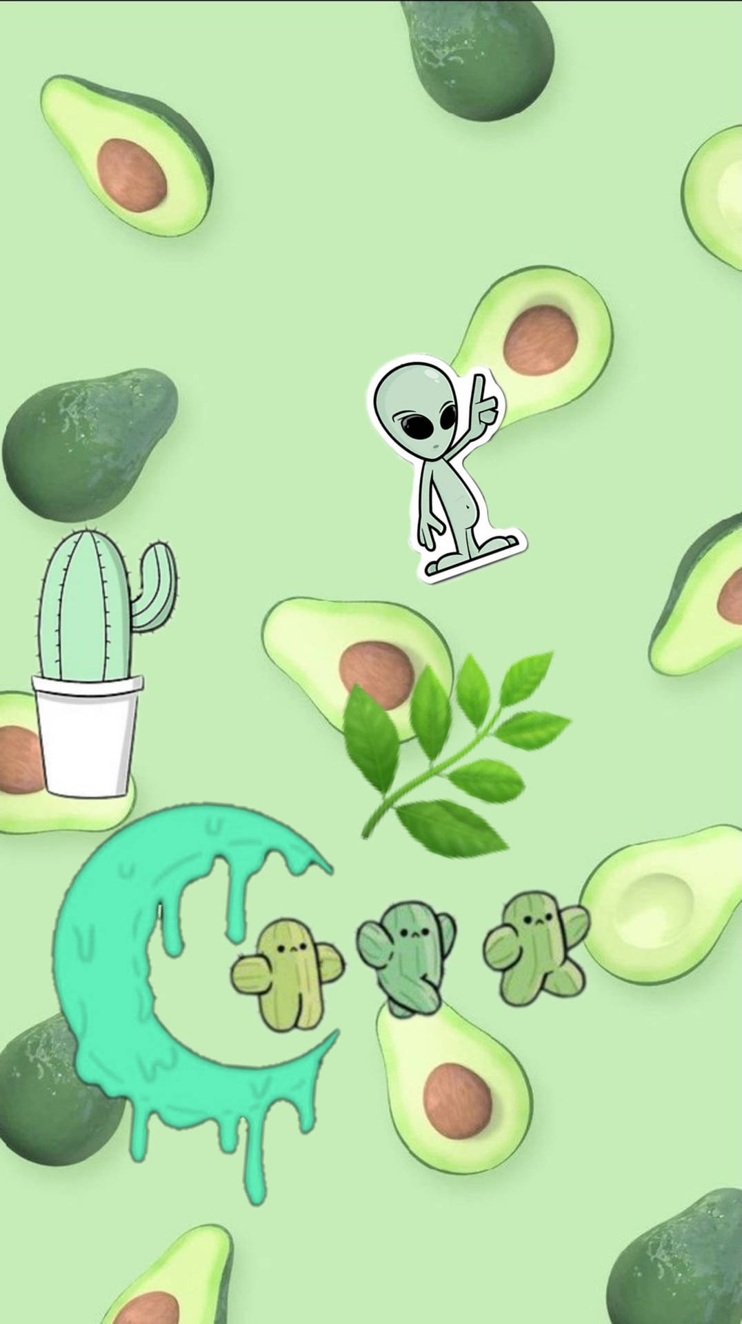 卡通外星人和仙人掌散落在切片酪梨之間，背景是薄荷綠色。 — 外星人 GIF 壁紙