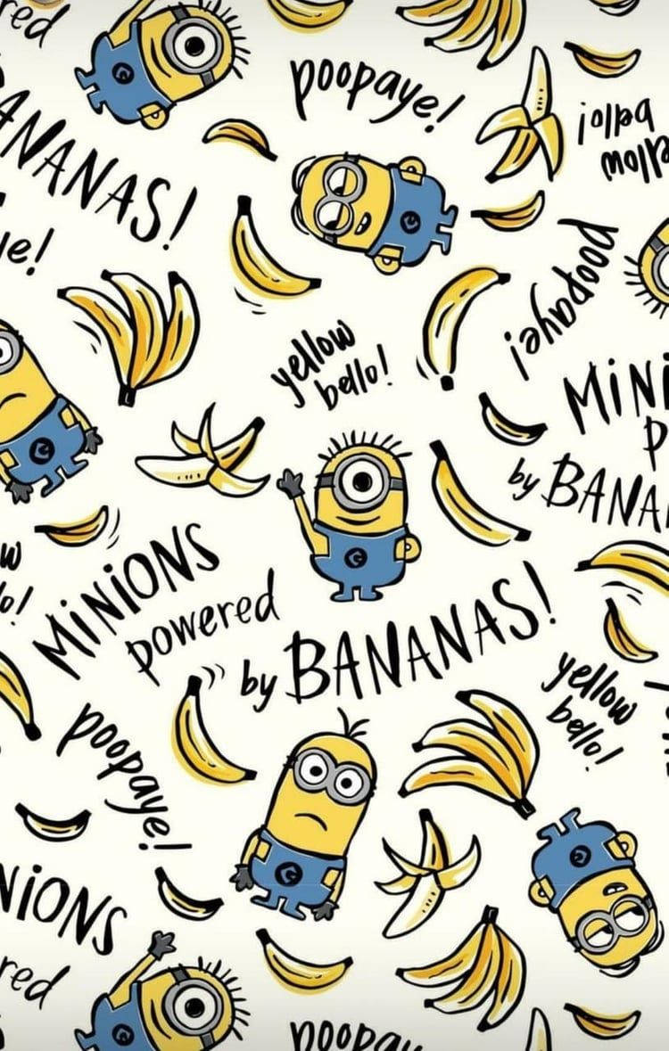 小黃人 桌布 壁紙 — 一個有趣的圖案，包含卡通 minions 和香蕉，並有手寫短語在白色背景上。