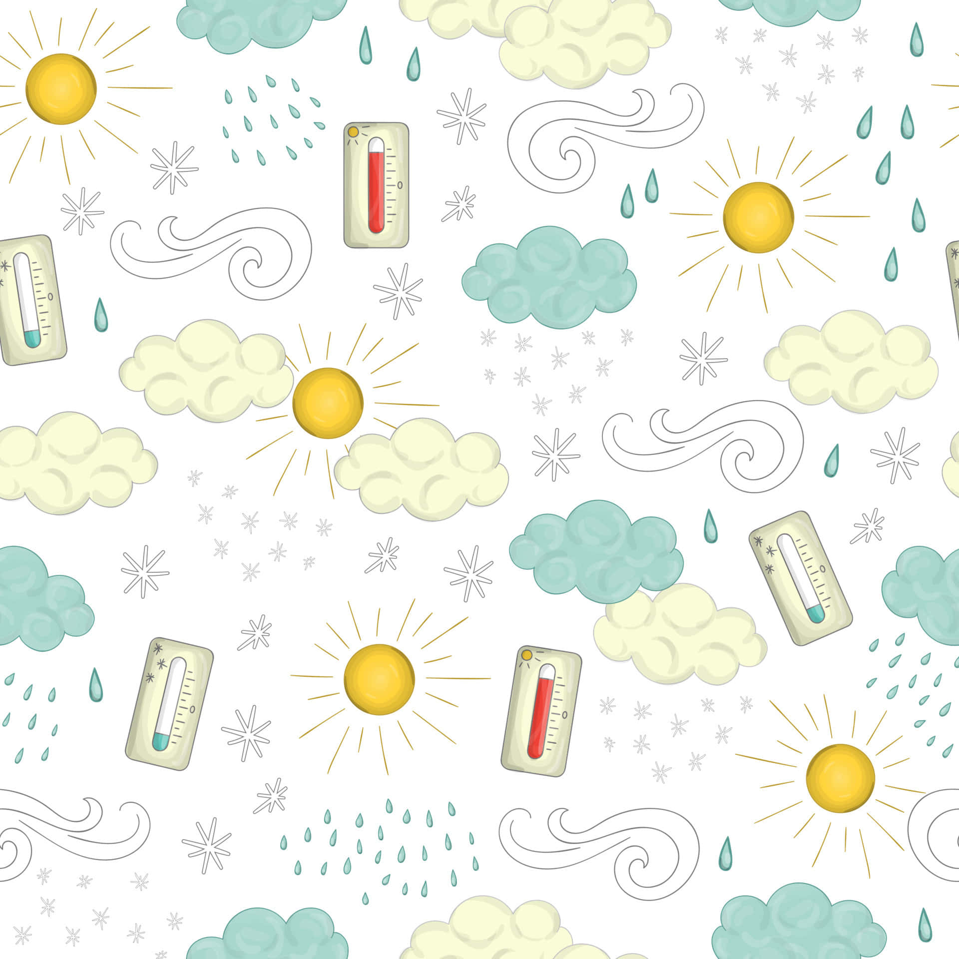 熱門 桌布 壁紙 — 一個有趣的圖案，包含太陽、雲朵、溫度計和天氣符號，以柔和的粉彩顏色呈現在白色背景上。