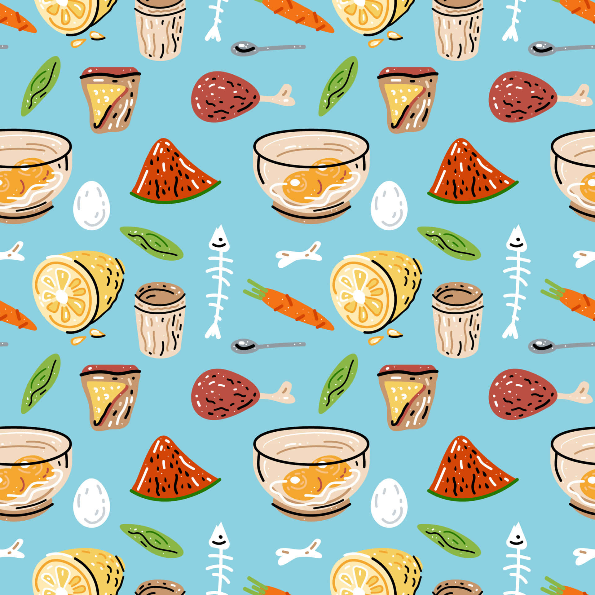 Cute Food iPhone 桌布 壁紙 — 一個有趣的圖案，包含插圖食物，如湯碗、雞腿和檸檬，散落在淺藍色背景上。