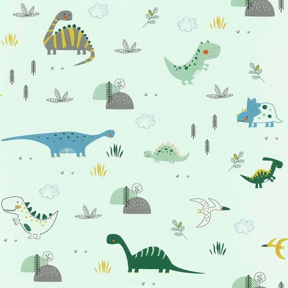 Cute Dinosaur 桌布 壁紙 — 一個有趣的圖案，包含色彩繽紛的卡通恐龍和簡單的樹木，背景是柔和的薄荷色。