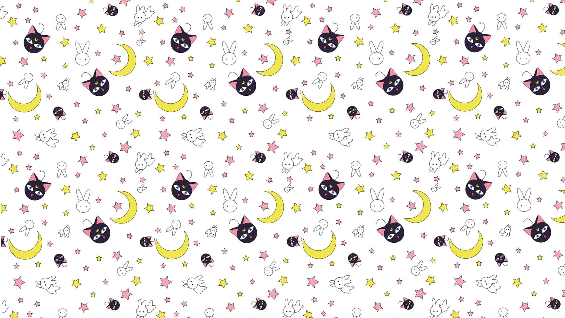 Sailor Moon Pattern 桌布 壁紙 — 一個有趣的圖案，包含黑色貓臉、黃色新月、粉紅色和黃色星星以及白色兔子，散佈在白色背景上。