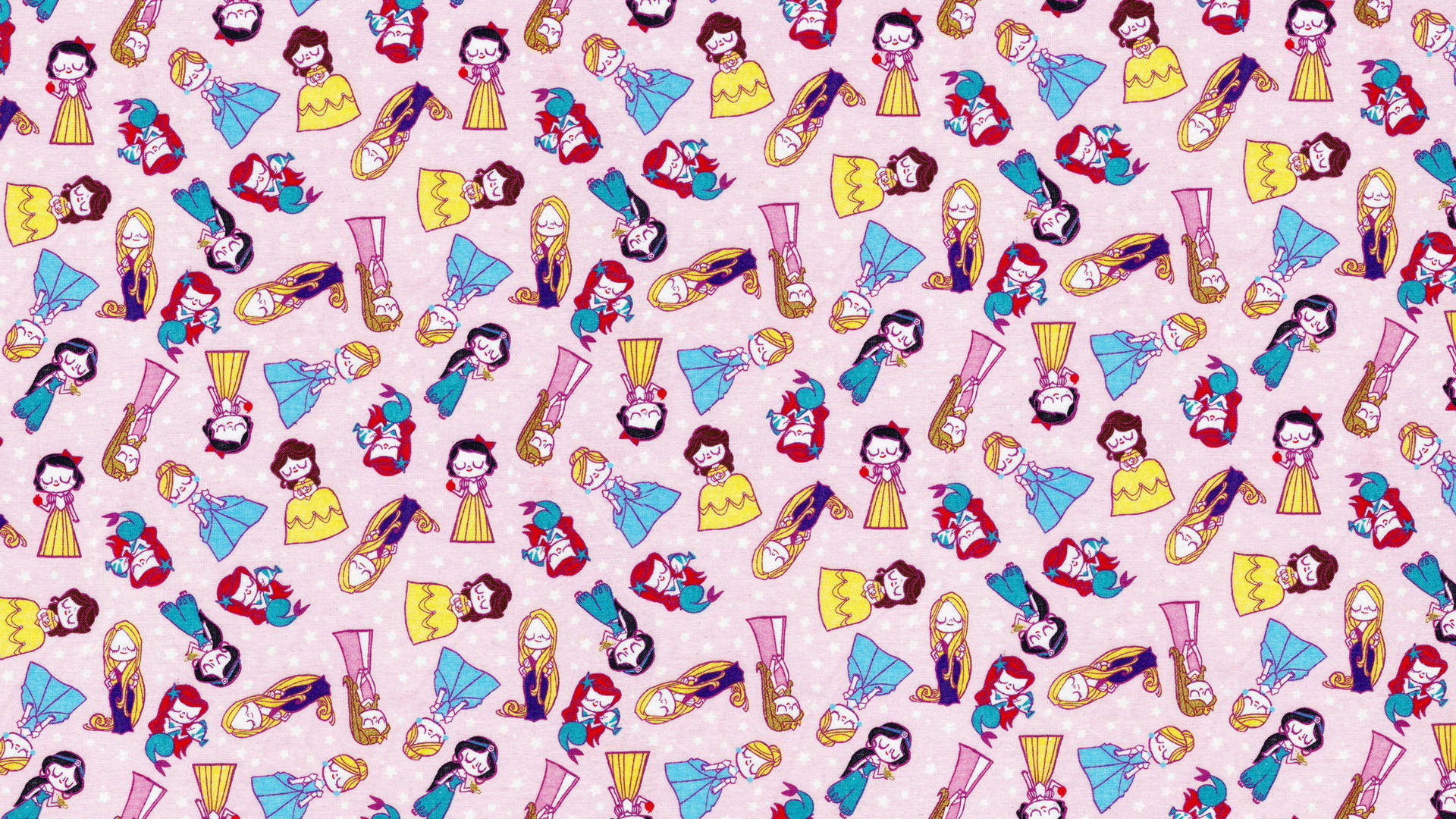 Disney Pattern 桌布 壁紙 — 一個有趣的圖案，卡通公主和鞋子散落在粉紅色圓點背景上。