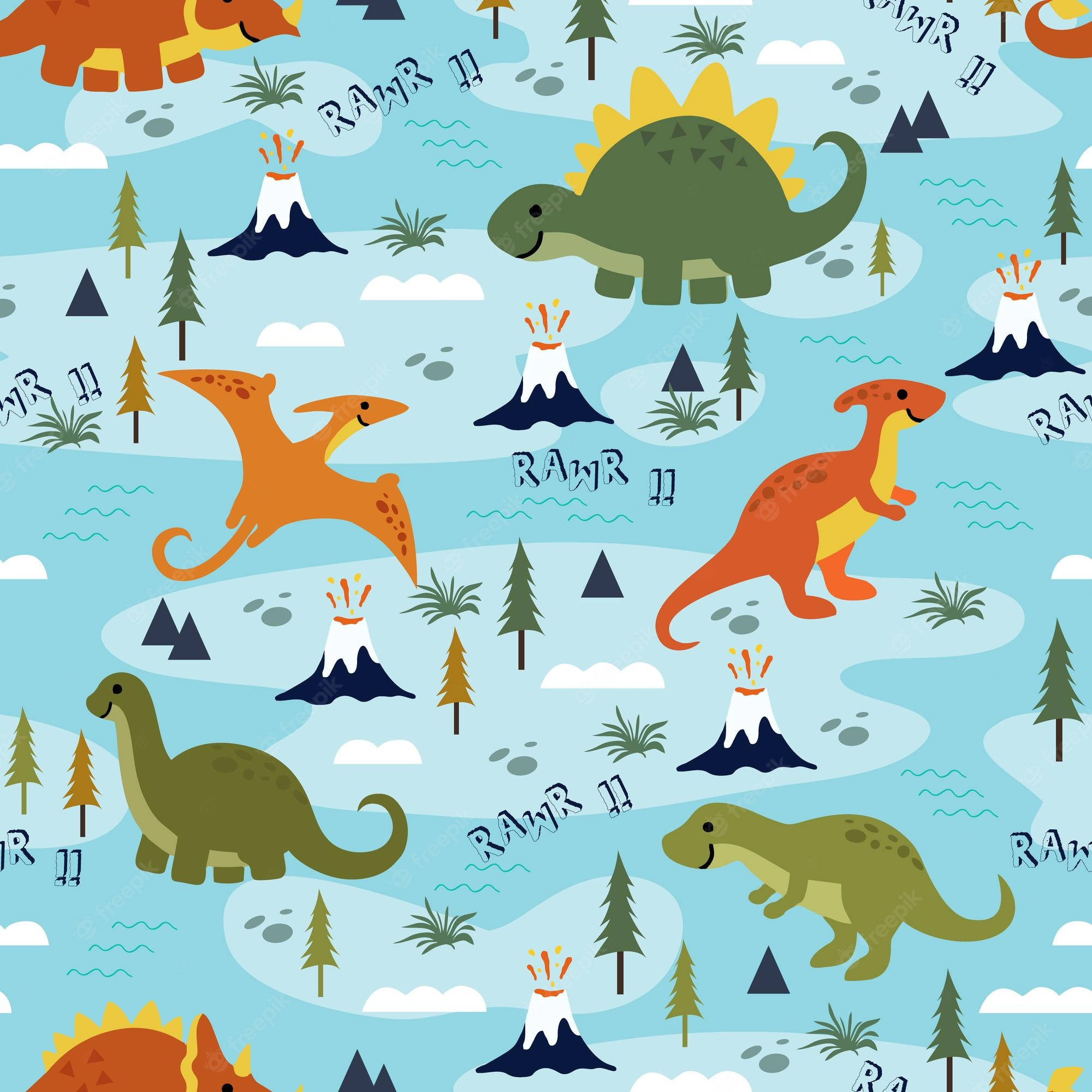 Cute Dinosaur Pattern 桌布 壁紙 — 一個有趣的圖案，卡通恐龍在淺藍色背景上的火山、樹木和雲朵之間飛翔和行走。