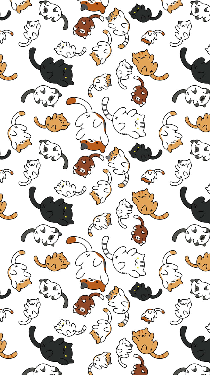 Cute Cat Pattern 桌布 壁紙 — 一個有趣的圖案，卡通貓咪以各種姿勢和顏色散落在白色背景上。