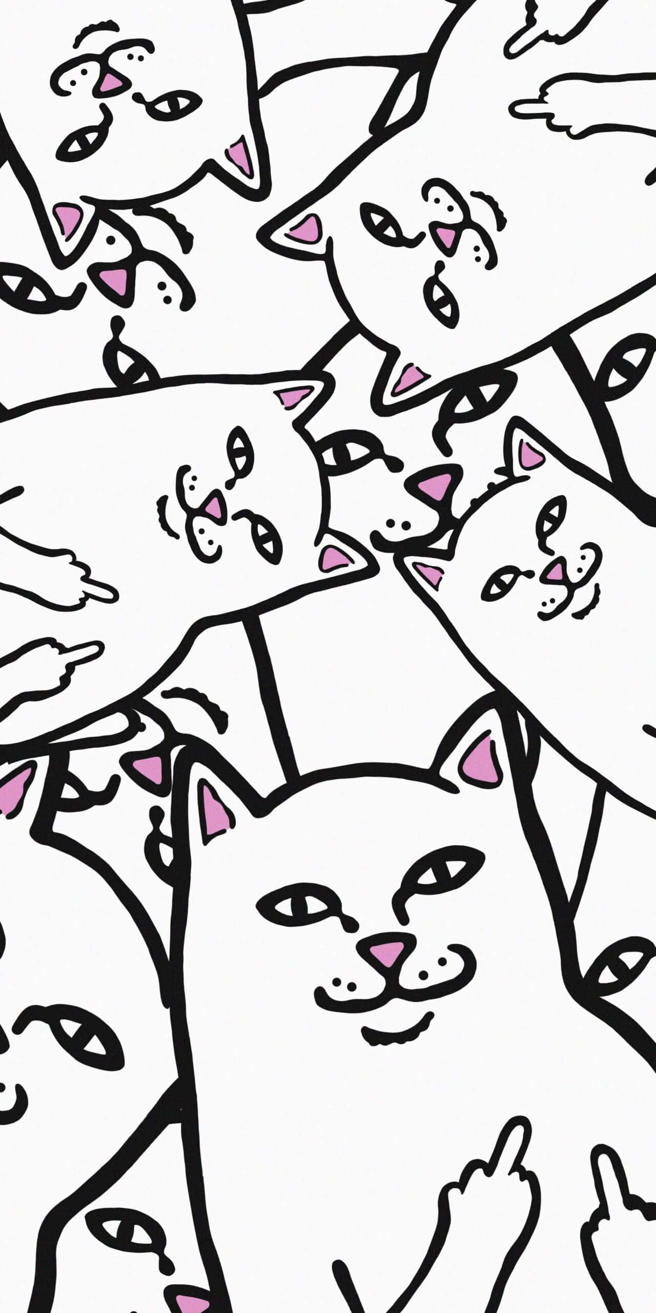 ripndip 桌布 壁紙 — 一個有趣的圖案，卡通貓咪帶有粉紅色點綴，以重複塗鴉風格伸出手指。