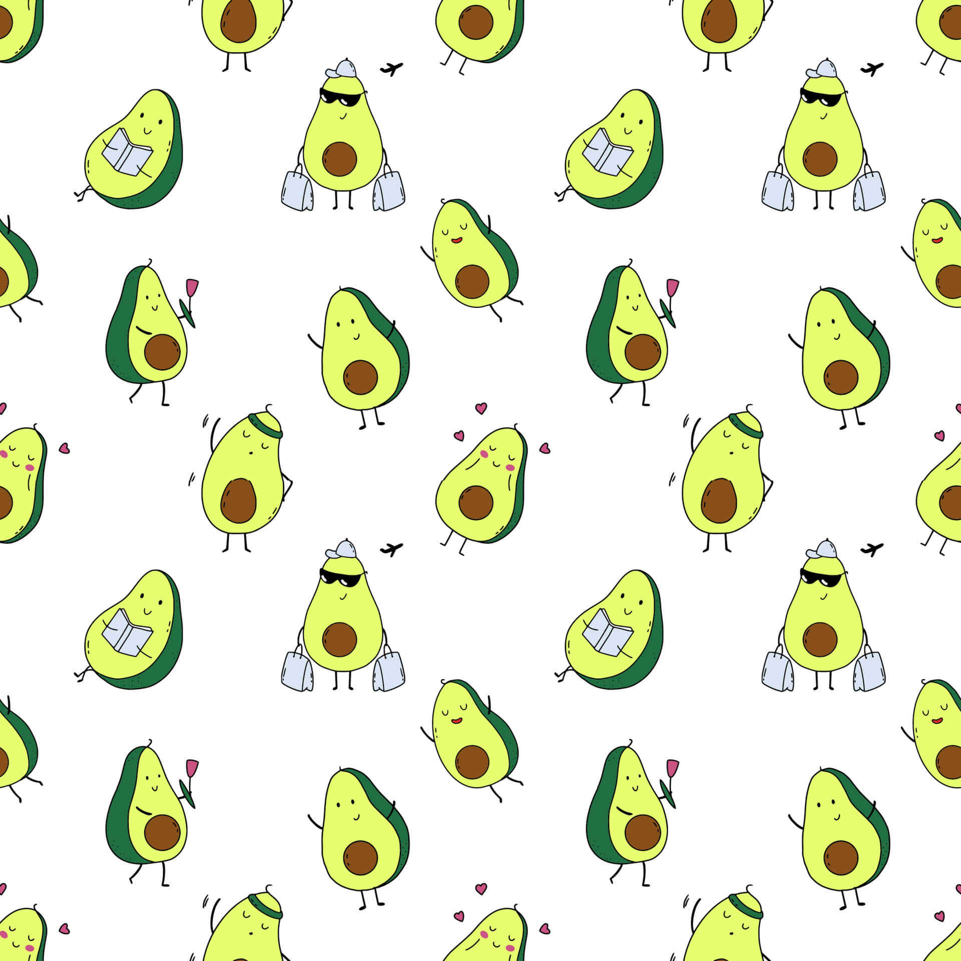 Cute Avocado 桌布 壁紙 — 一個有趣的圖案，卡通酪梨有手臂、腿和表情，在乾淨的白色背景上進行日常活動。