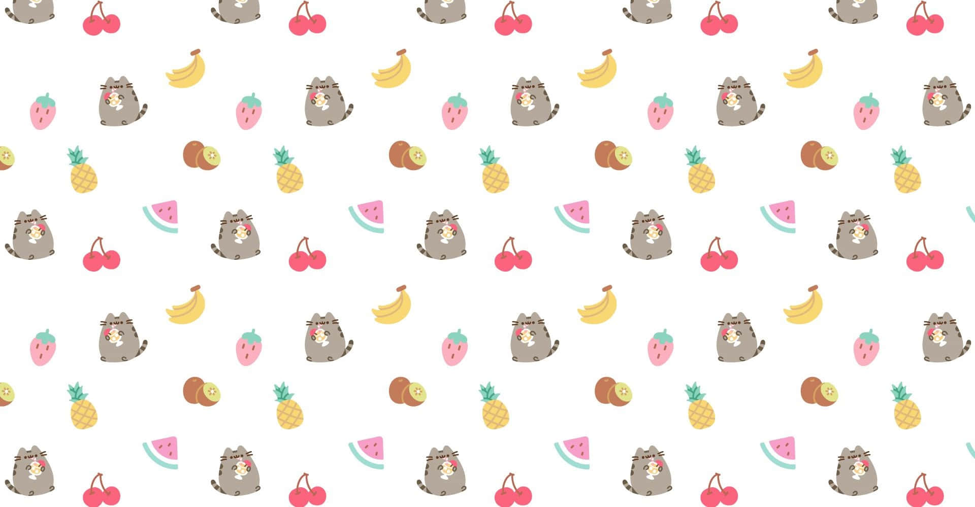 pusheen 動圖 桌布 壁紙 — 一個有趣的圖案，可愛的卡通貓咪被色彩繽紛的水果包圍在白色背景上。
