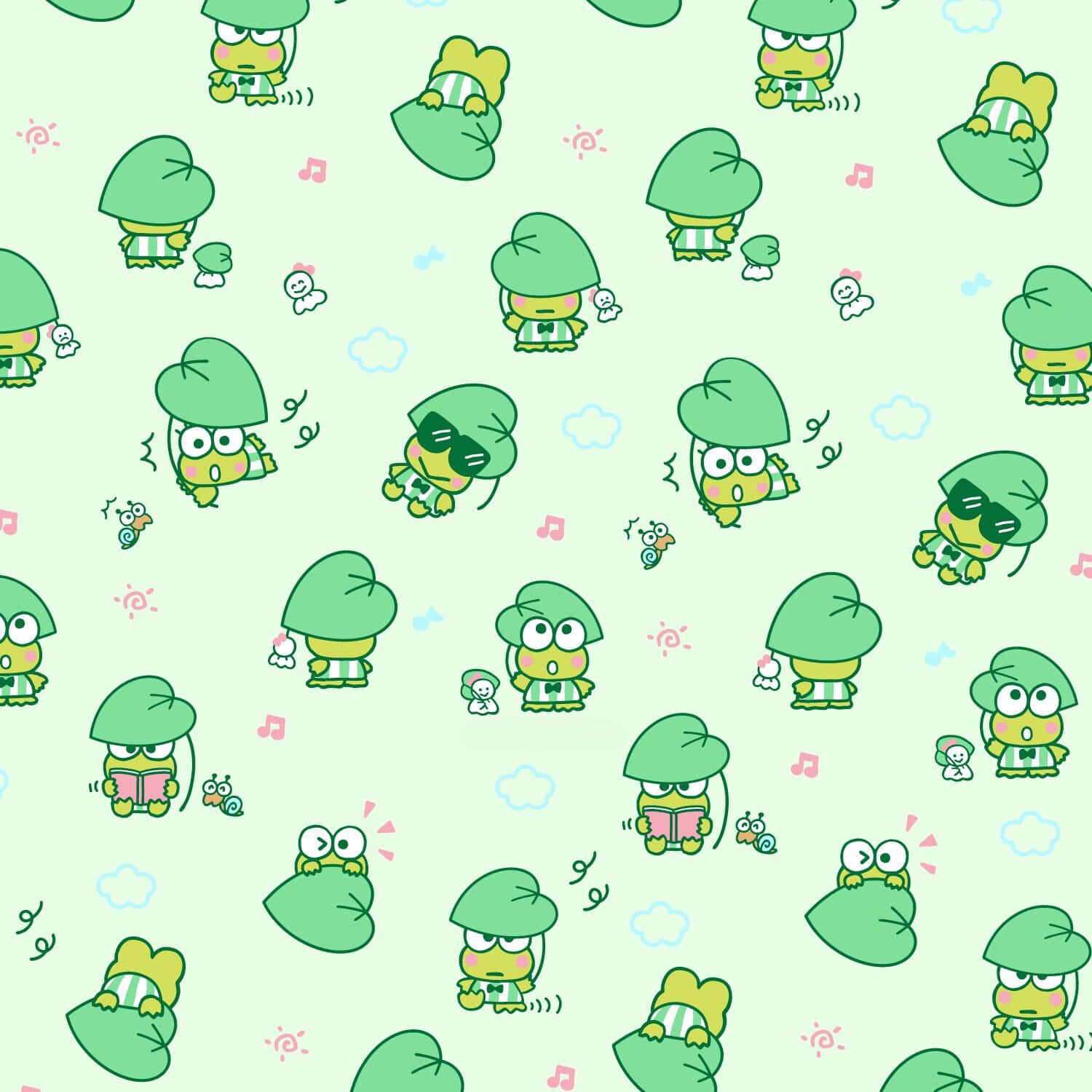 sanrio 桌布 壁紙 — 一個有趣的圖案，在柔和的薄荷色背景上，有各種姿勢的綠色卡通青蛙，還有音符和雲朵。