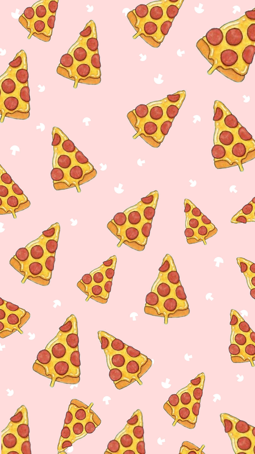 Pizza 桌布 壁紙 — 一個有趣的圖案，將義大利辣香腸披薩片散落在柔和的粉紅色背景上，並帶有細小的白色蘑菇。