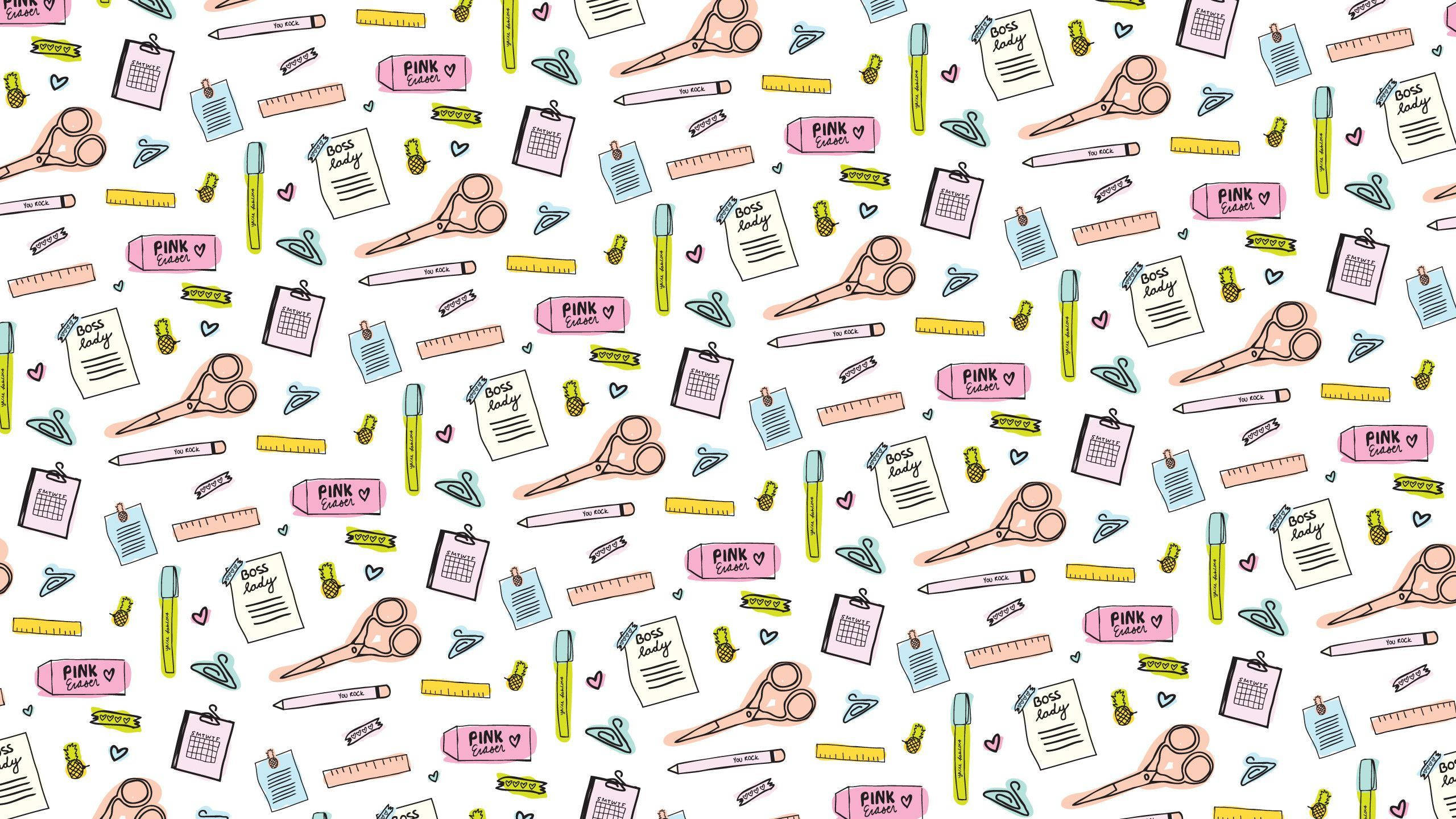cute aesthetic pc 桌布 壁紙 — 一個有趣的圖案，散落著各種文具用品，如剪刀、尺子和筆記本，以柔和色調呈現於白色背景上。