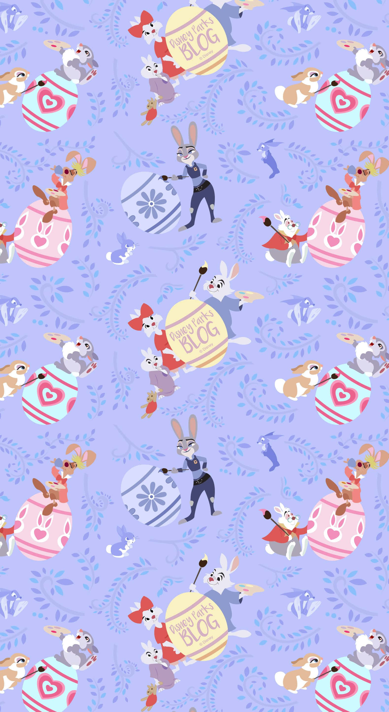 Easter Bunny 桌布 壁紙 — 一個有趣的圖案，由動畫兔子角色穿著復活節蛋服裝，在淺紫色花卉背景上。