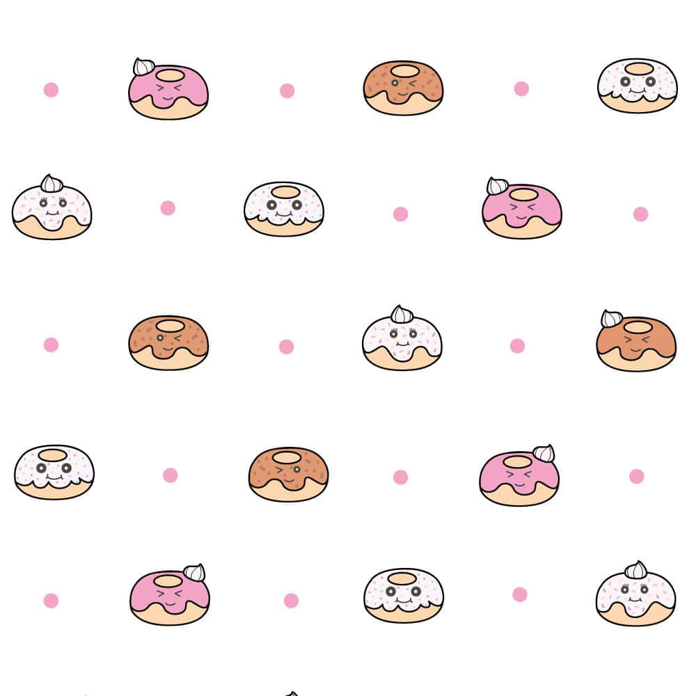 donuts 桌布 壁紙 — 一個有趣的圖案，由可愛的卡通甜甜圈組成，帶有粉紅色和棕色糖霜和笑臉，背景為白色帶粉紅色圓點。