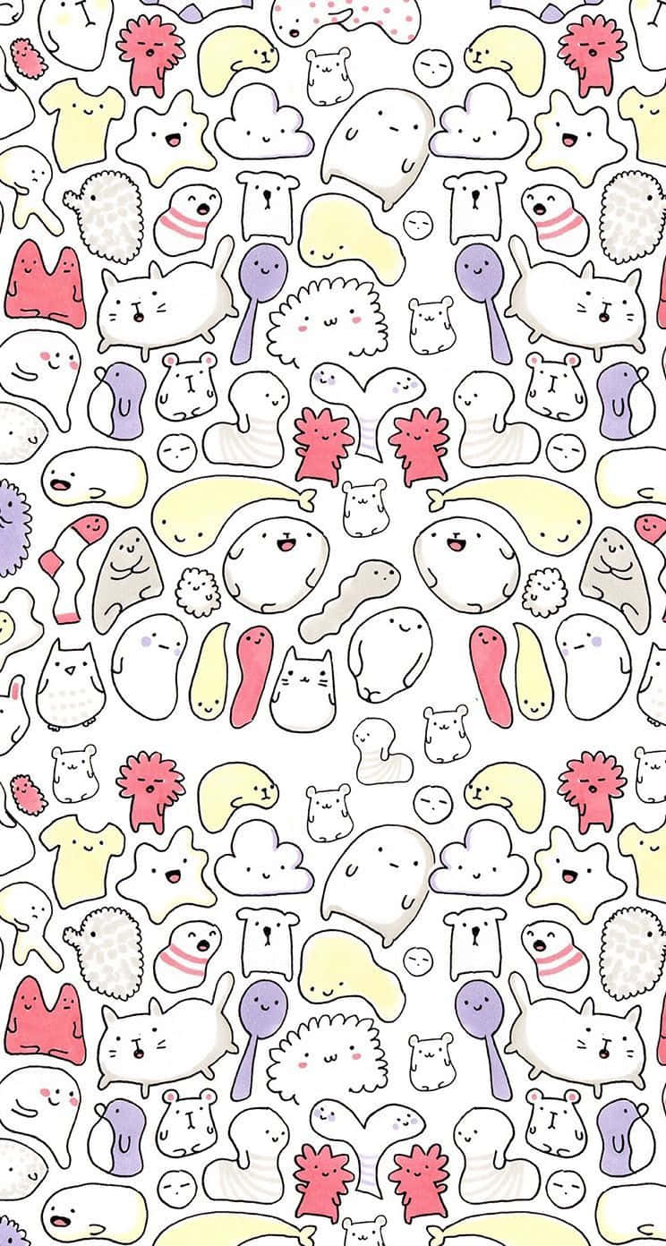 塗鴉動圖 桌布 壁紙 — 一個有趣的圖案，由可愛的粉彩卡通動物和形狀組成，背景為白色。