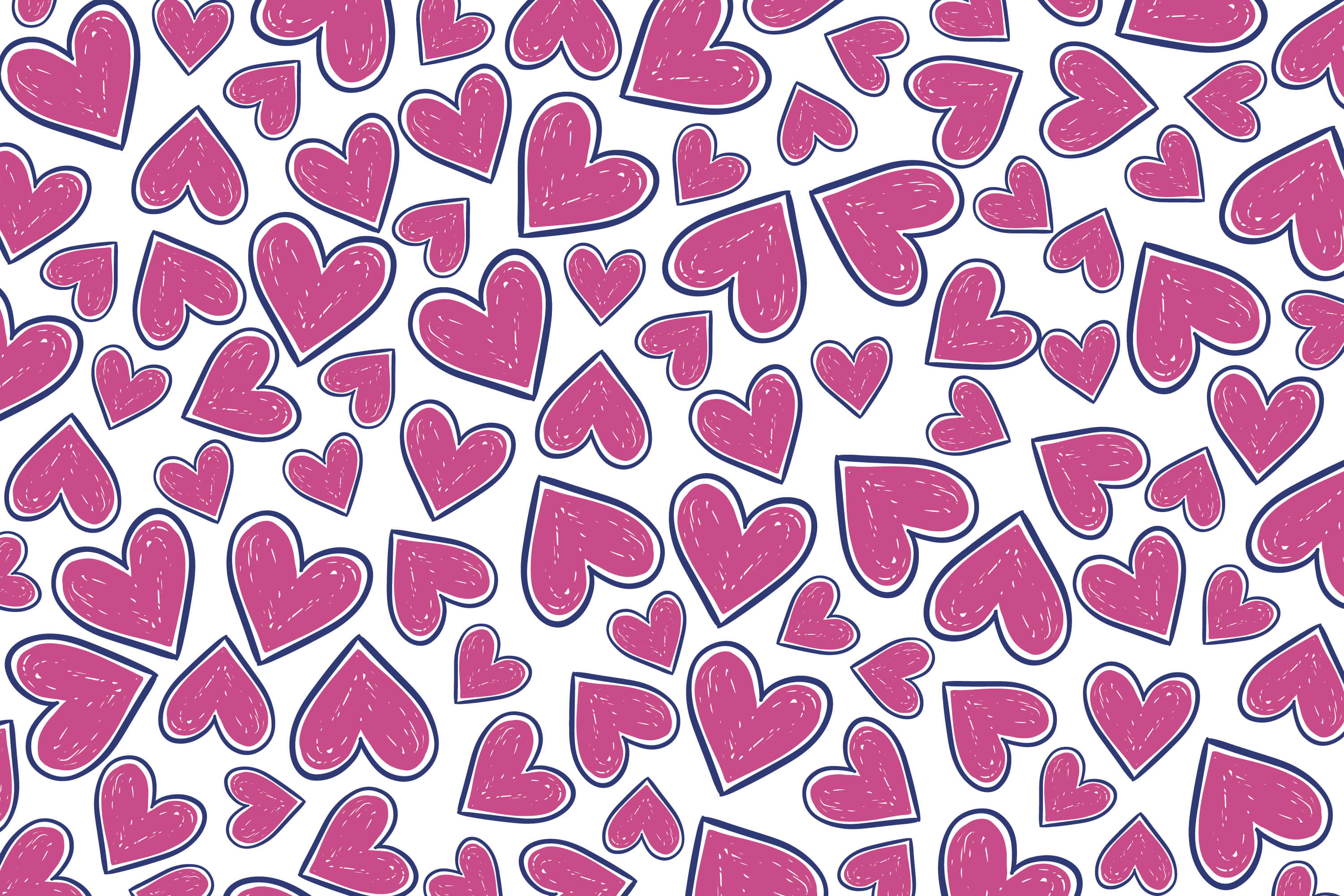 Twitter Header 桌布 壁紙 — 一個有趣的圖案，由帶有深色輪廓的粉紅色心形散佈在白色背景上組成。