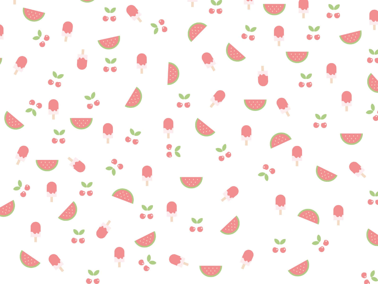 Watermelon 桌布 壁紙 — 一個有趣的圖案，由粉紅色西瓜片、櫻桃冰棒和櫻桃散落在乾淨的白色背景上組成。