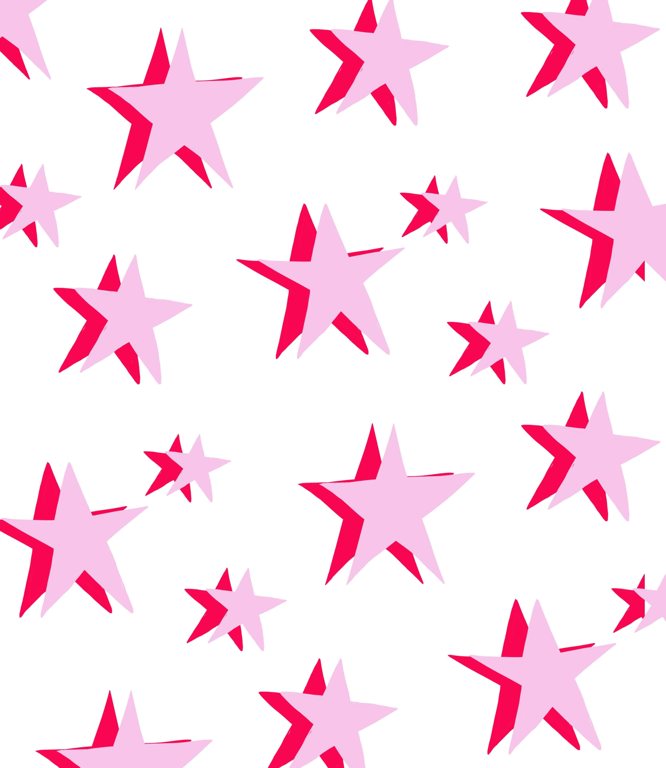 Pink Stars 桌布 壁紙 — 一個有趣的圖案，粉紅色和紅色的星星散落在潔淨的白色背景上。