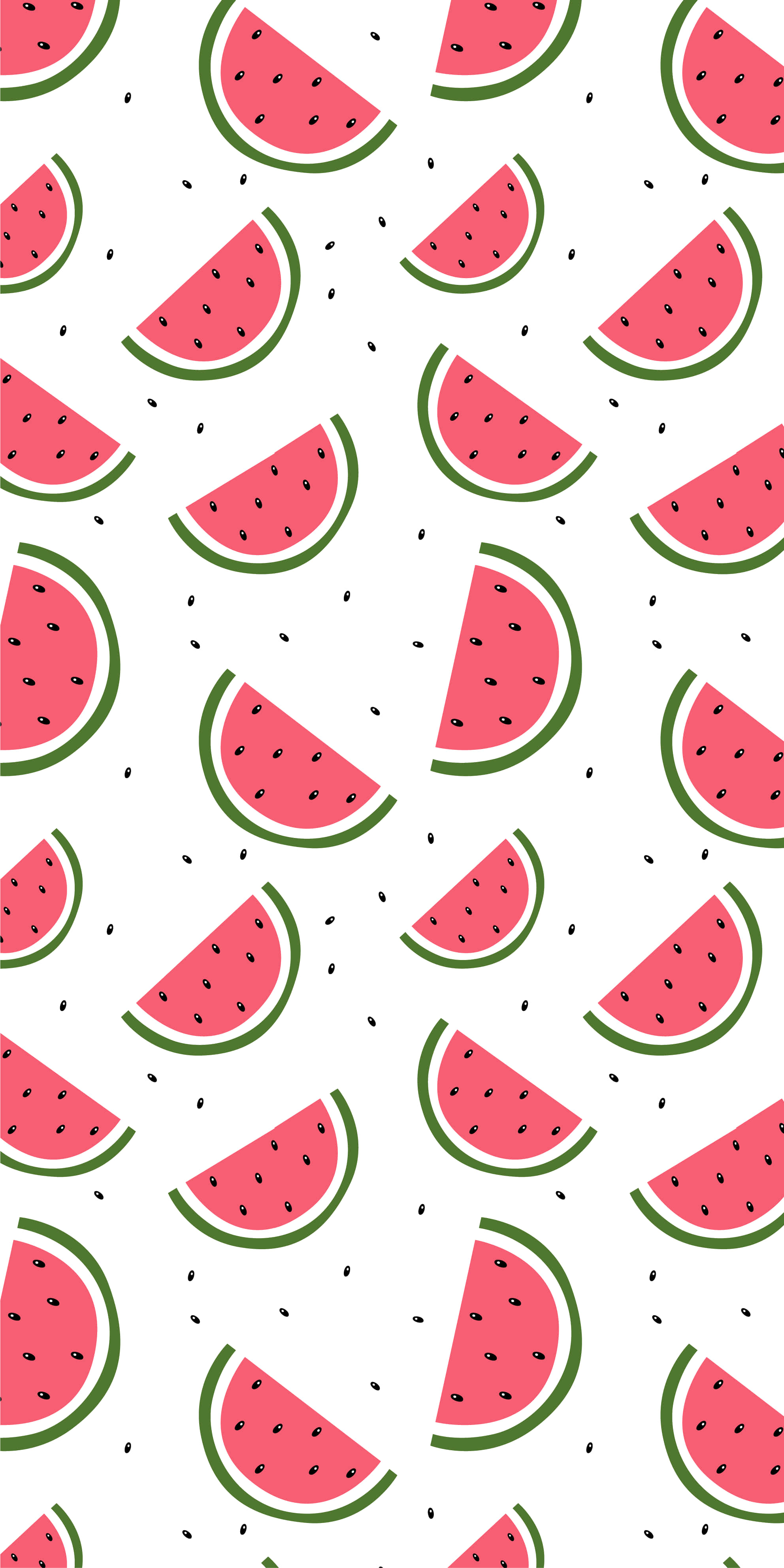 Watermelon iPhone 桌布 壁紙 — 一個有趣的圖案，粉紅色西瓜片帶有綠色外皮和黑色種子，散落在白色背景上。