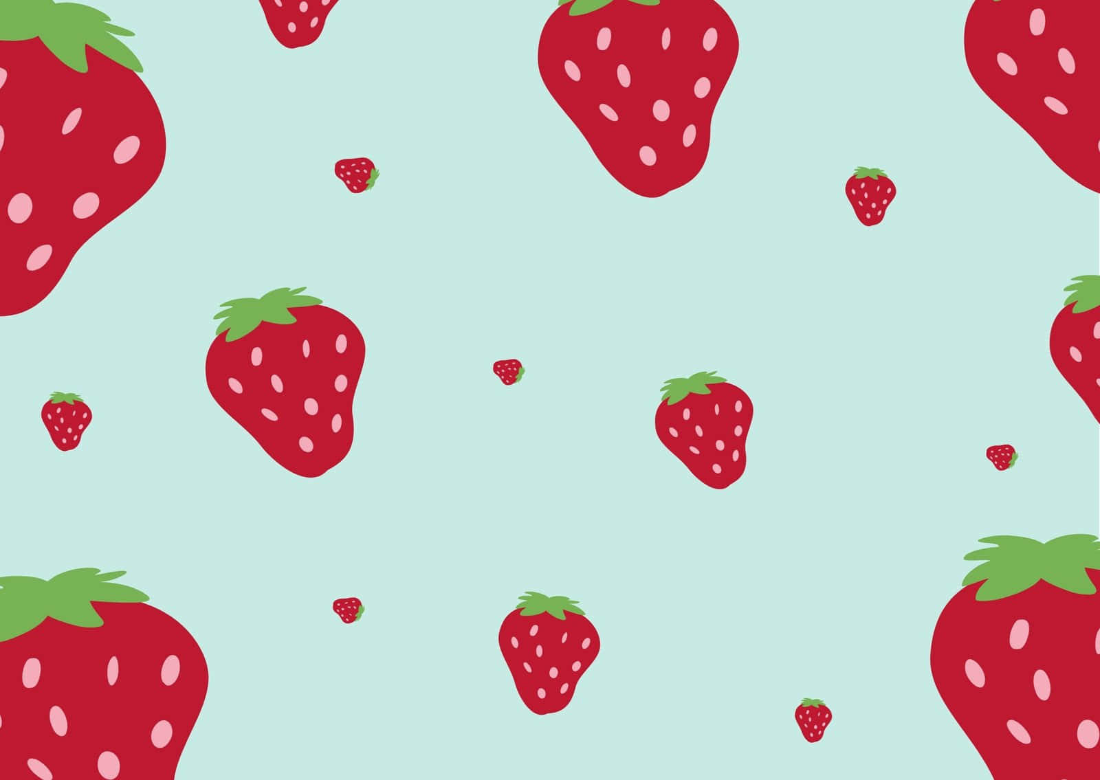 Strawberries 桌布 壁紙 — 一個有趣的圖案，紅色草莓帶綠色頂部，散落在柔和的薄荷色背景上。
