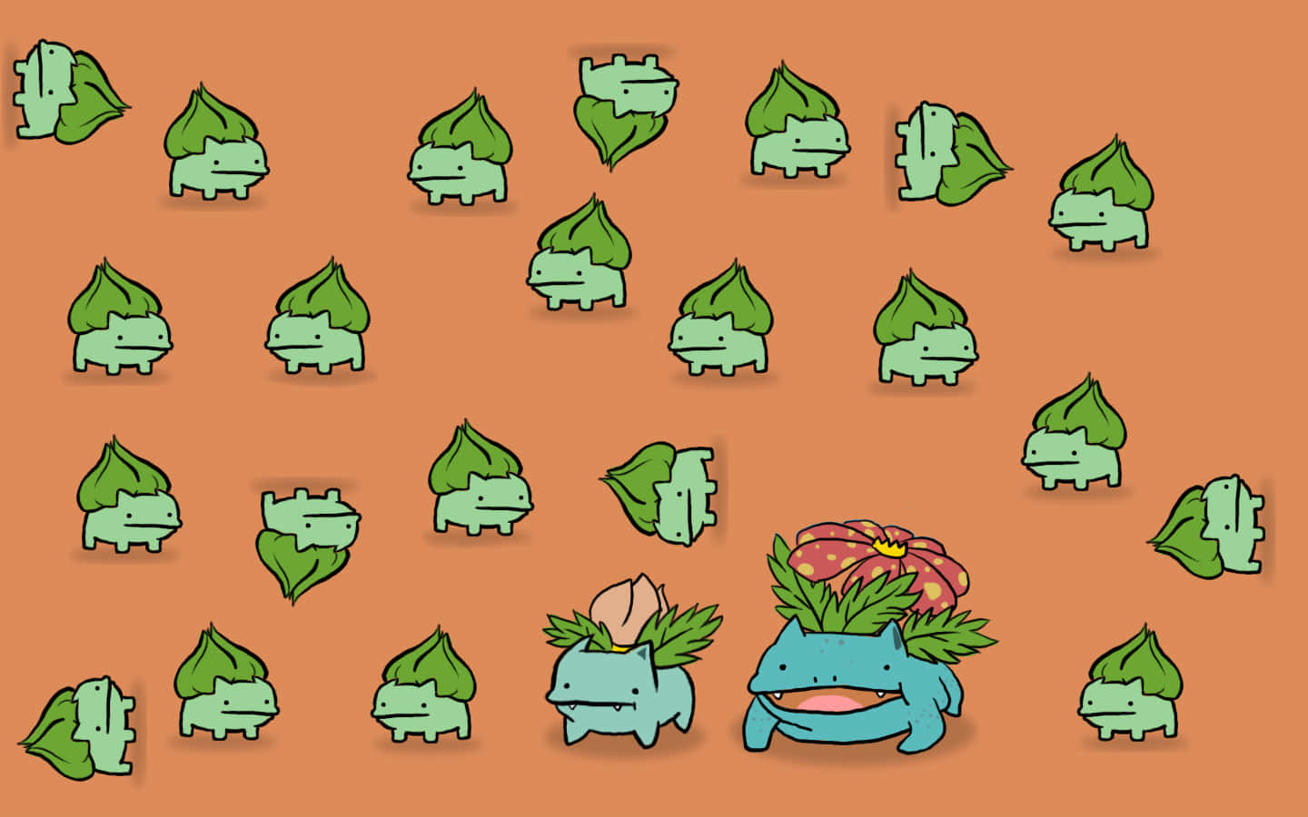 寶可夢 桌布 壁紙 — 一個有趣的圖案，綠色的 Bulbasaur 和 Ivysaur 寶可夢角色散落在溫暖的橙色背景上。